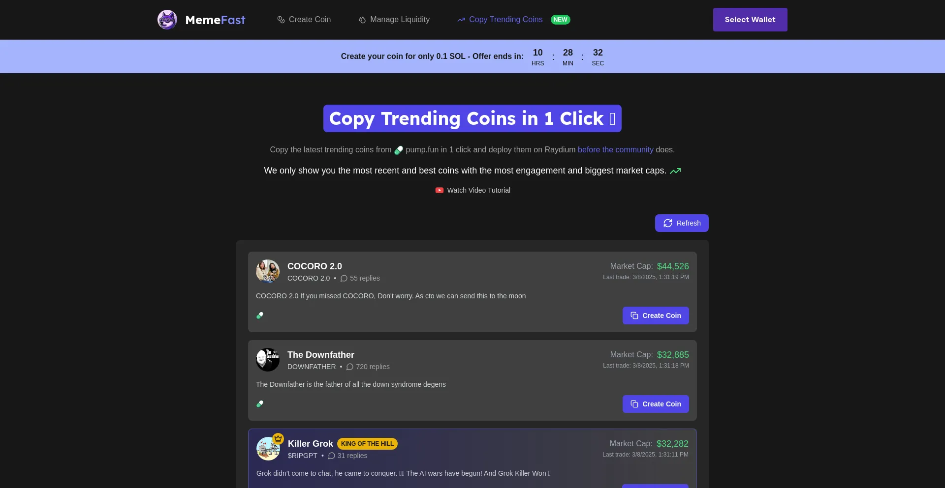 Website screenshot of Memefast.fun