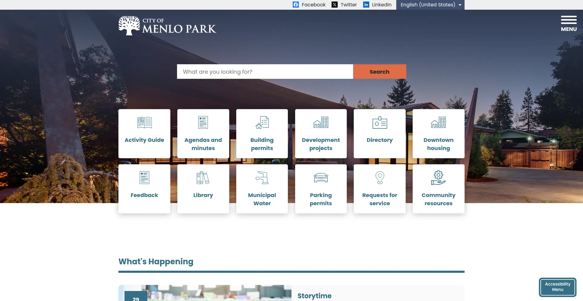 Website screenshot of Menlopark.gov
