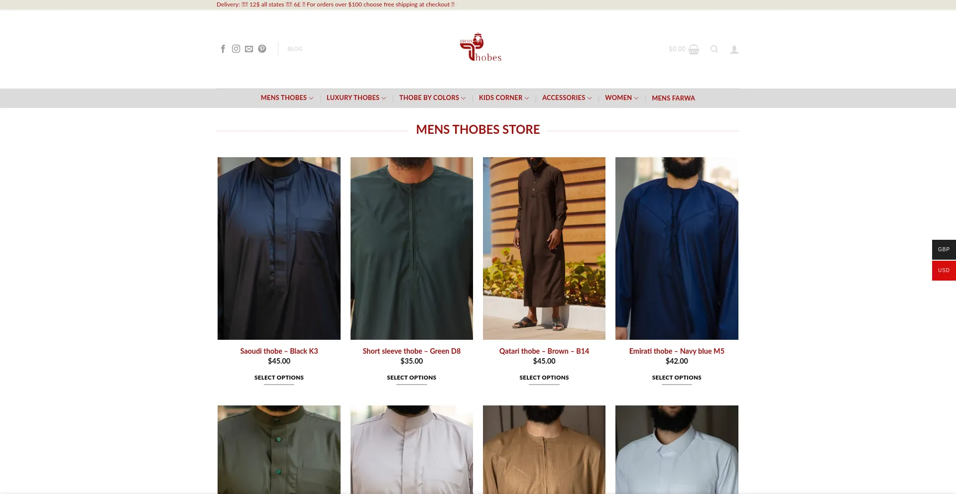 Website screenshot of Mens-thobes.com
