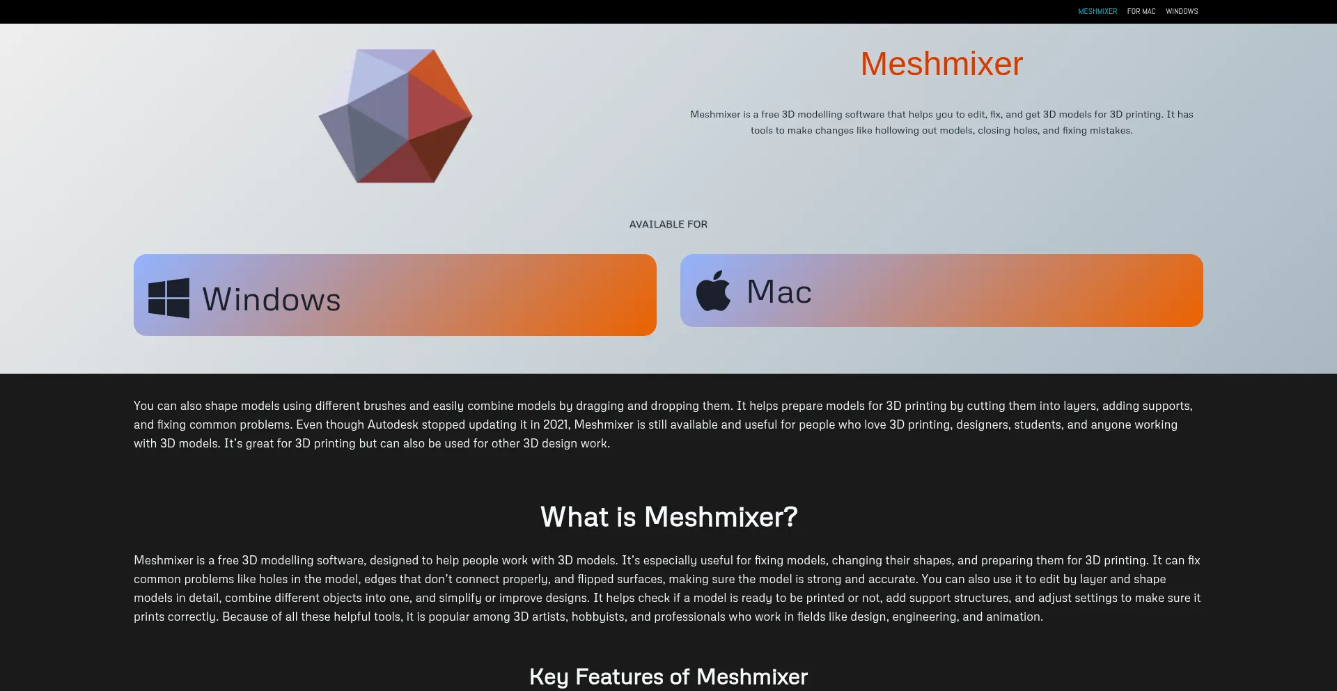 Website screenshot of Meshmixer.net