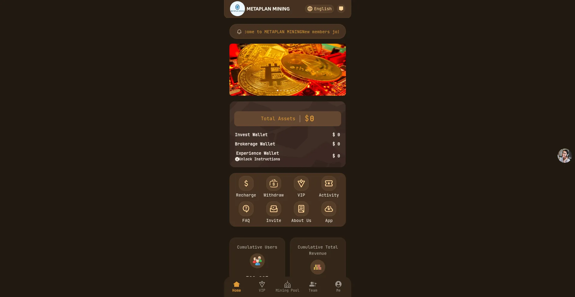 Website screenshot of Metaplanmining.vip