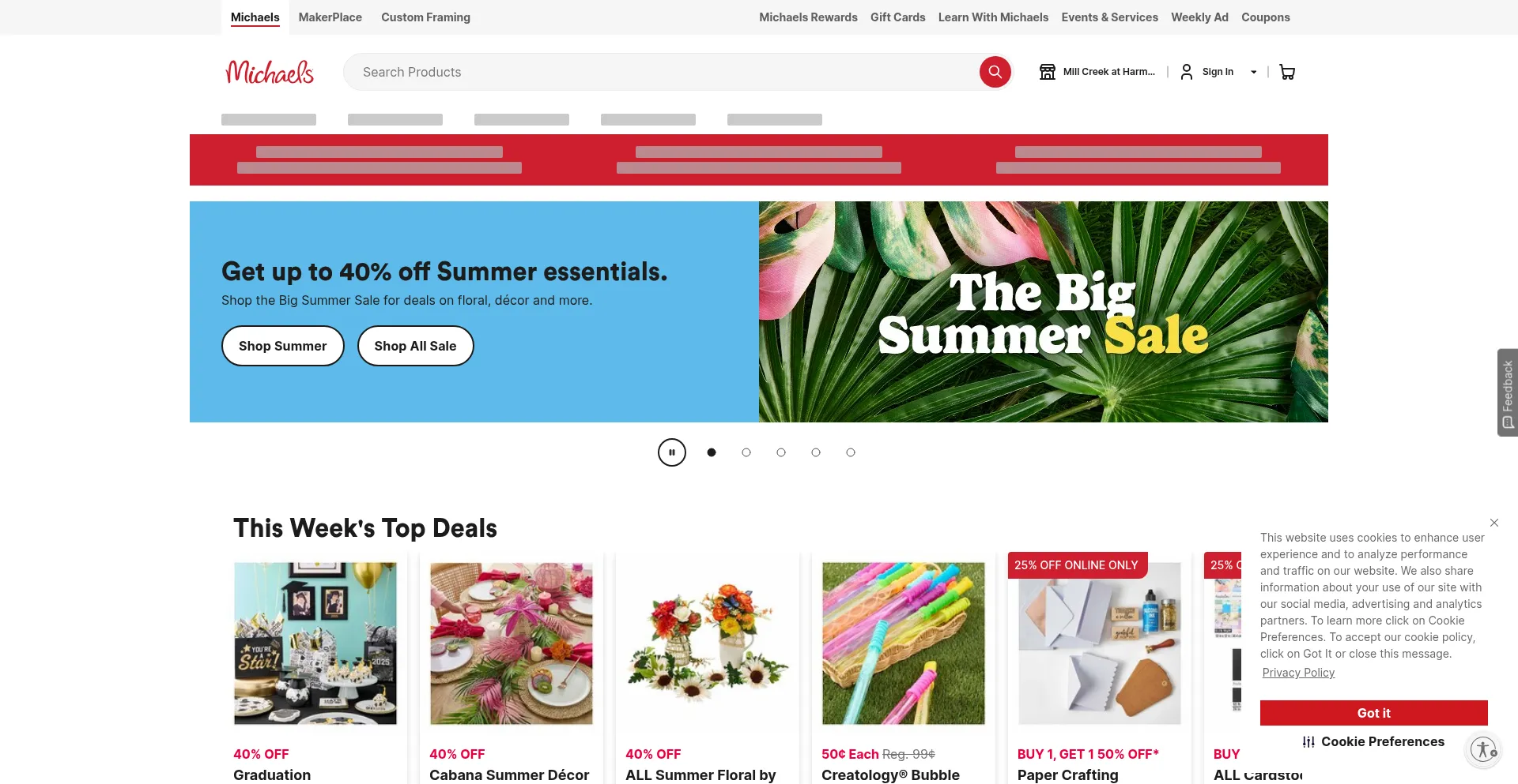 Website screenshot of Michaels.com