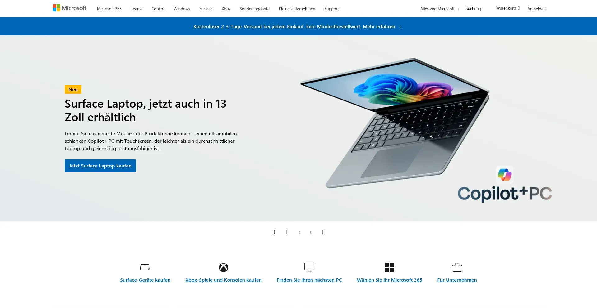 Website screenshot of Microsoft.de