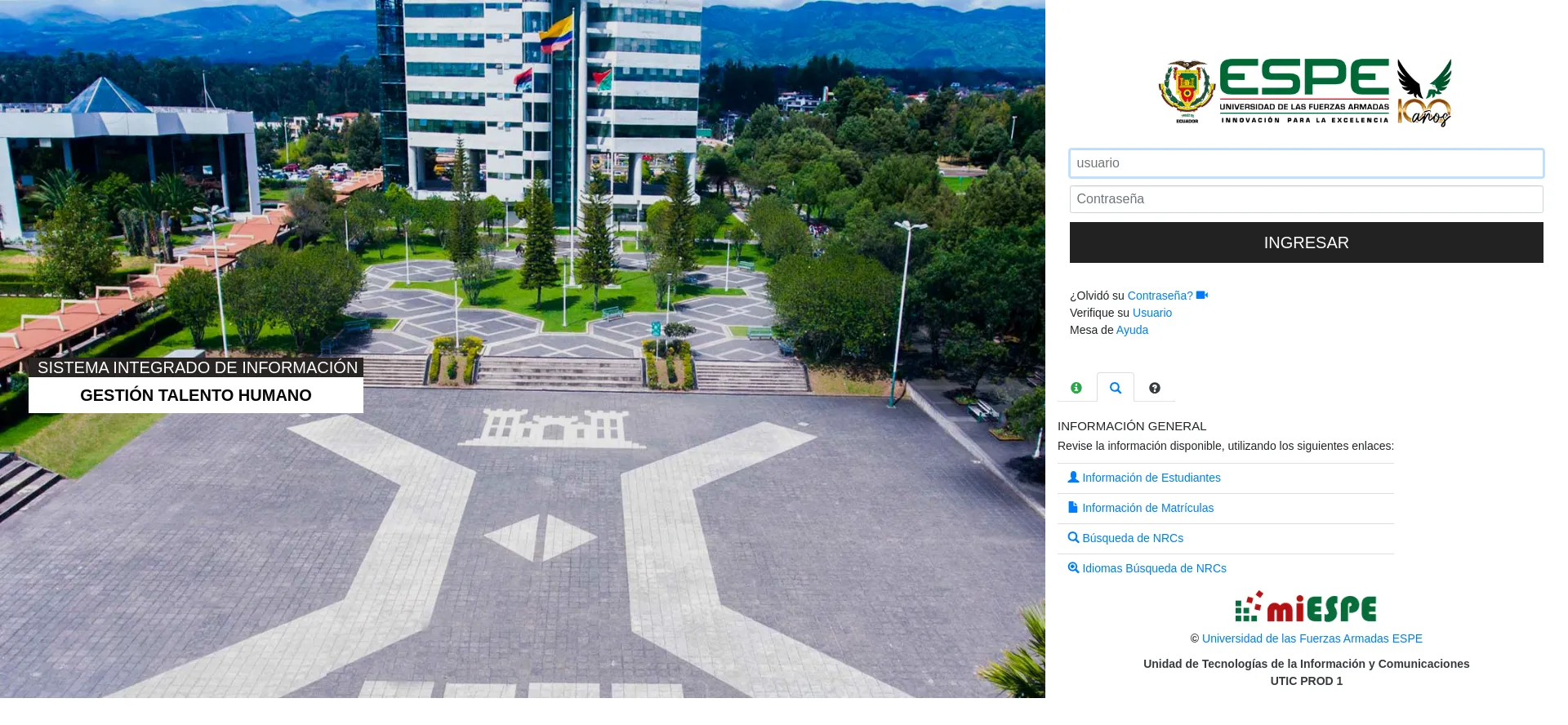 Website screenshot of Miespe.espe.edu.ec