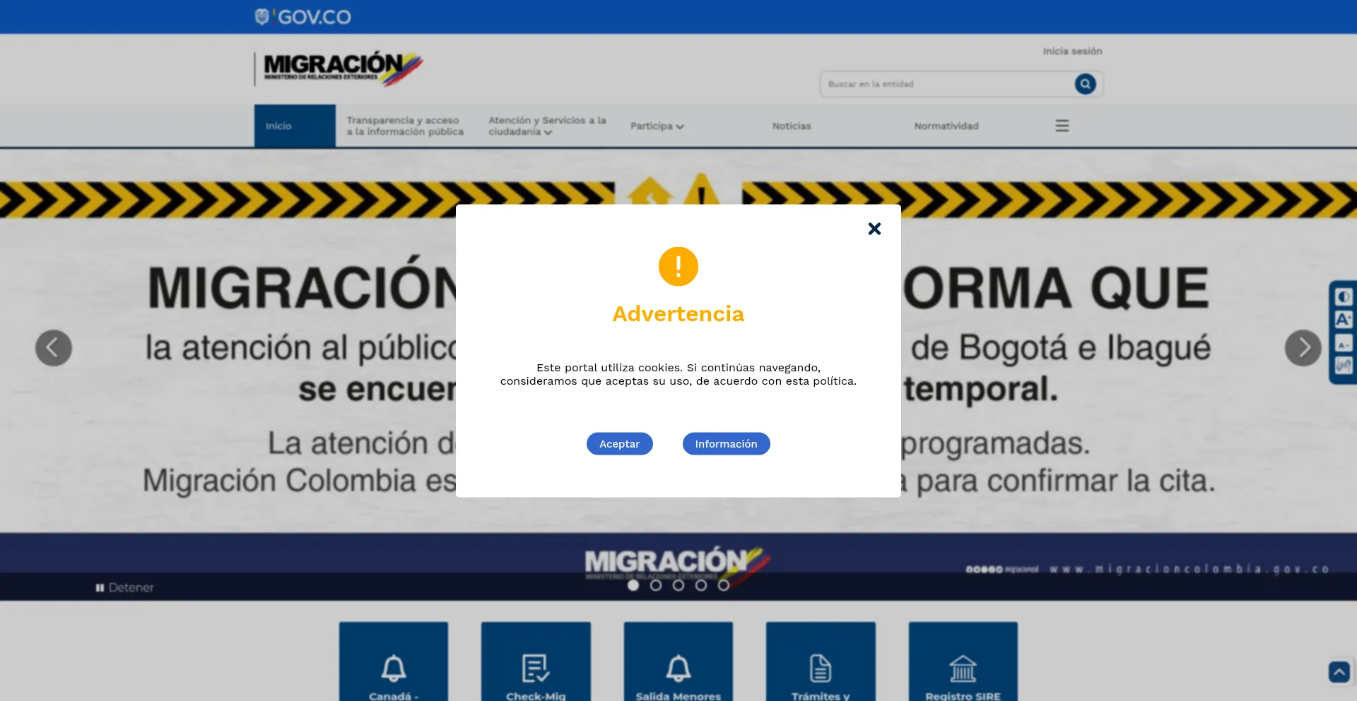 Website screenshot of Migracioncolombia.gov.co