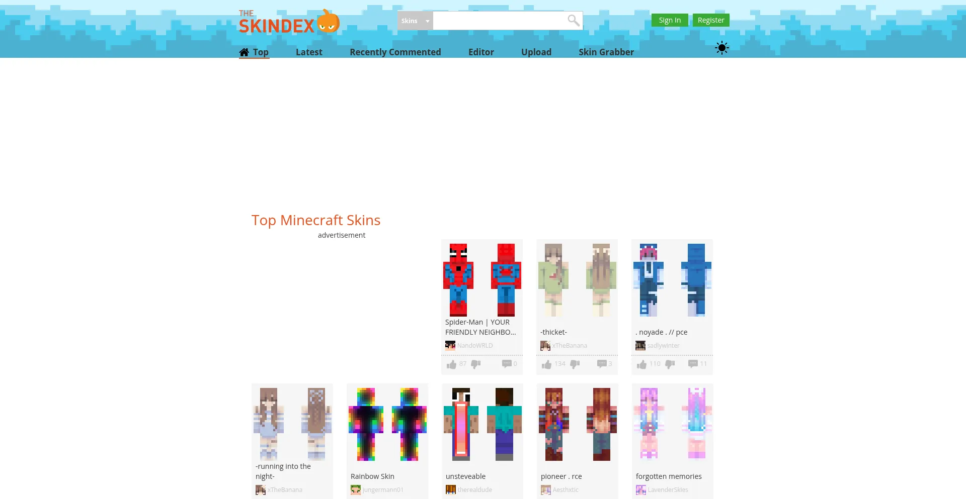Website screenshot of Minecraftskins.com