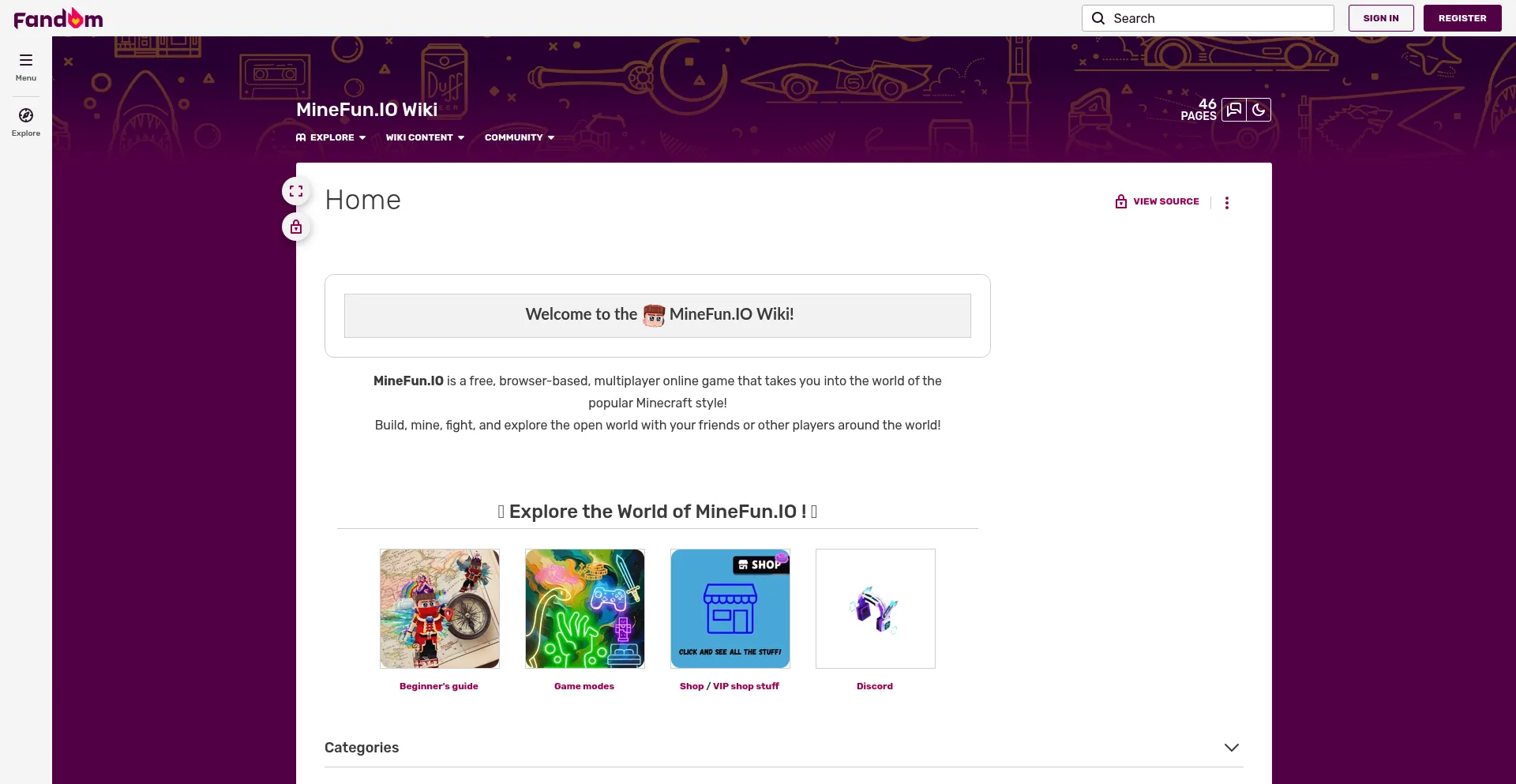 Website screenshot of Minefunio.fandom.com
