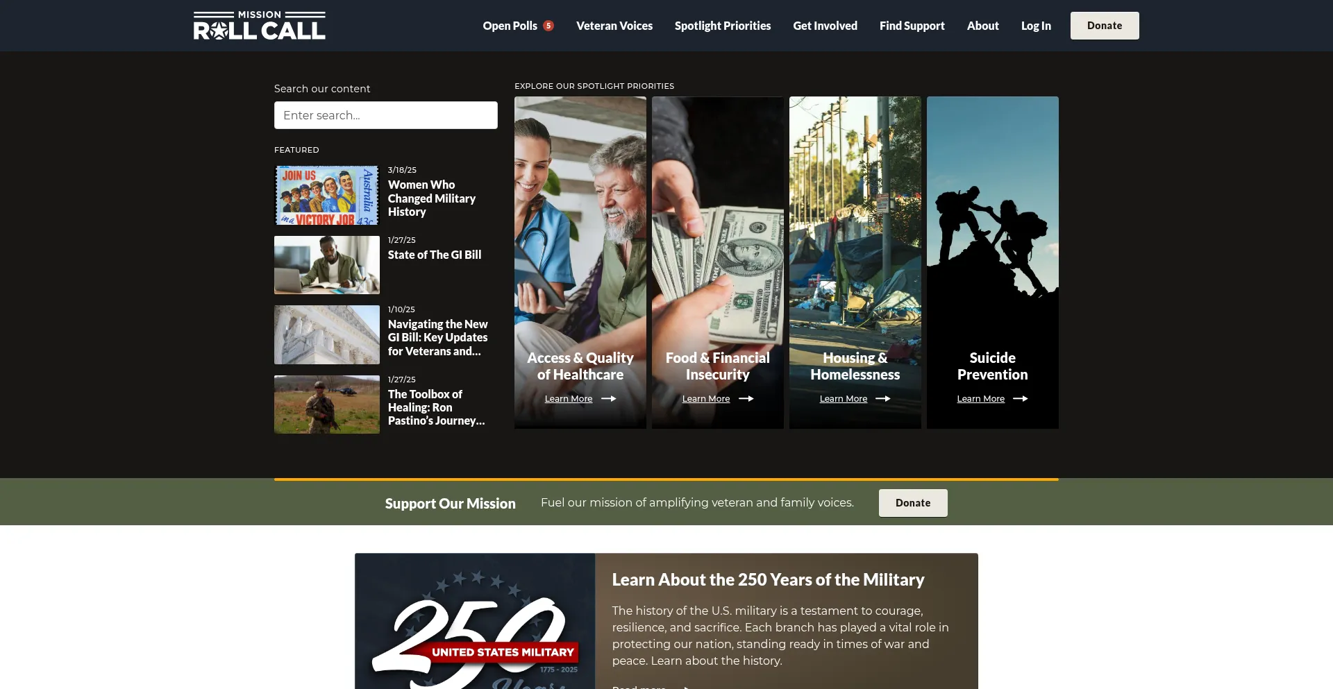Website screenshot of Missionrollcall.org