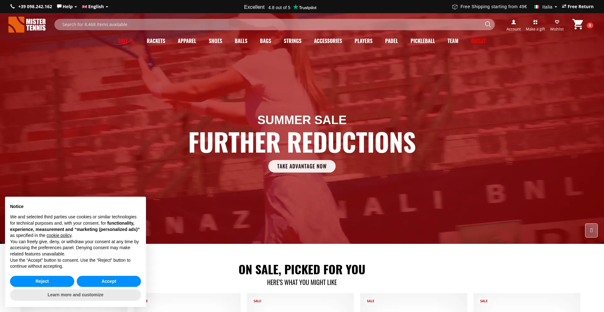 Website screenshot of Mistertennis.com