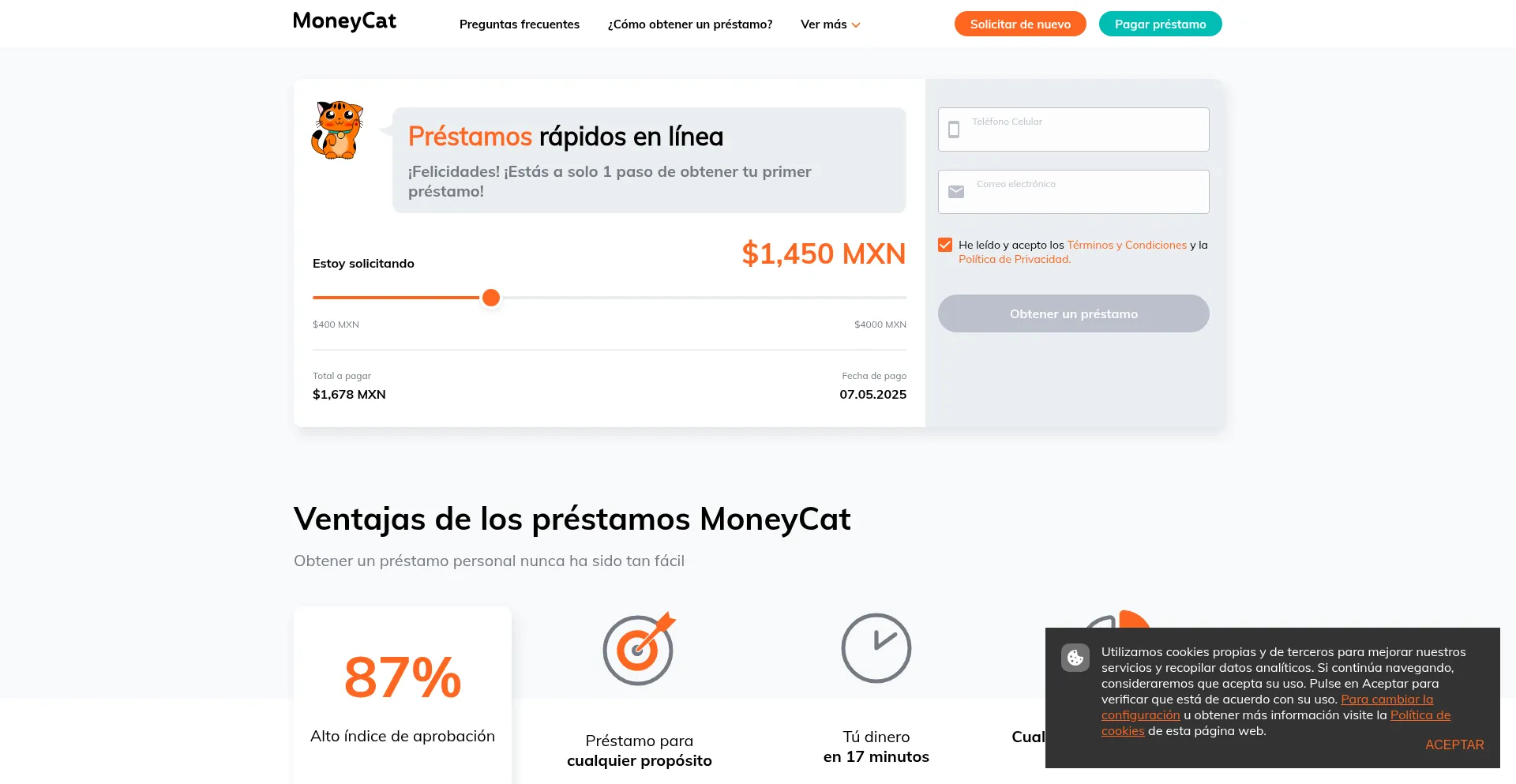 Website screenshot of Moneycat.mx
