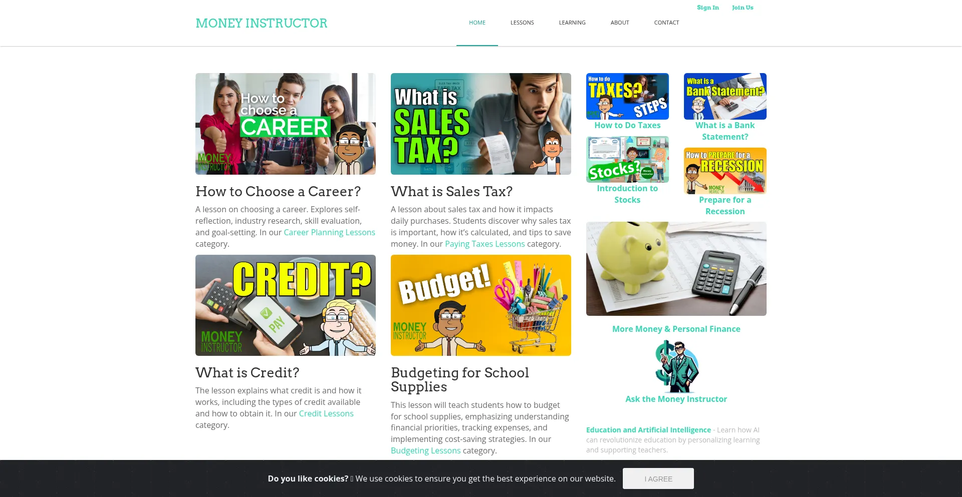 Website screenshot of Moneyinstructor.com