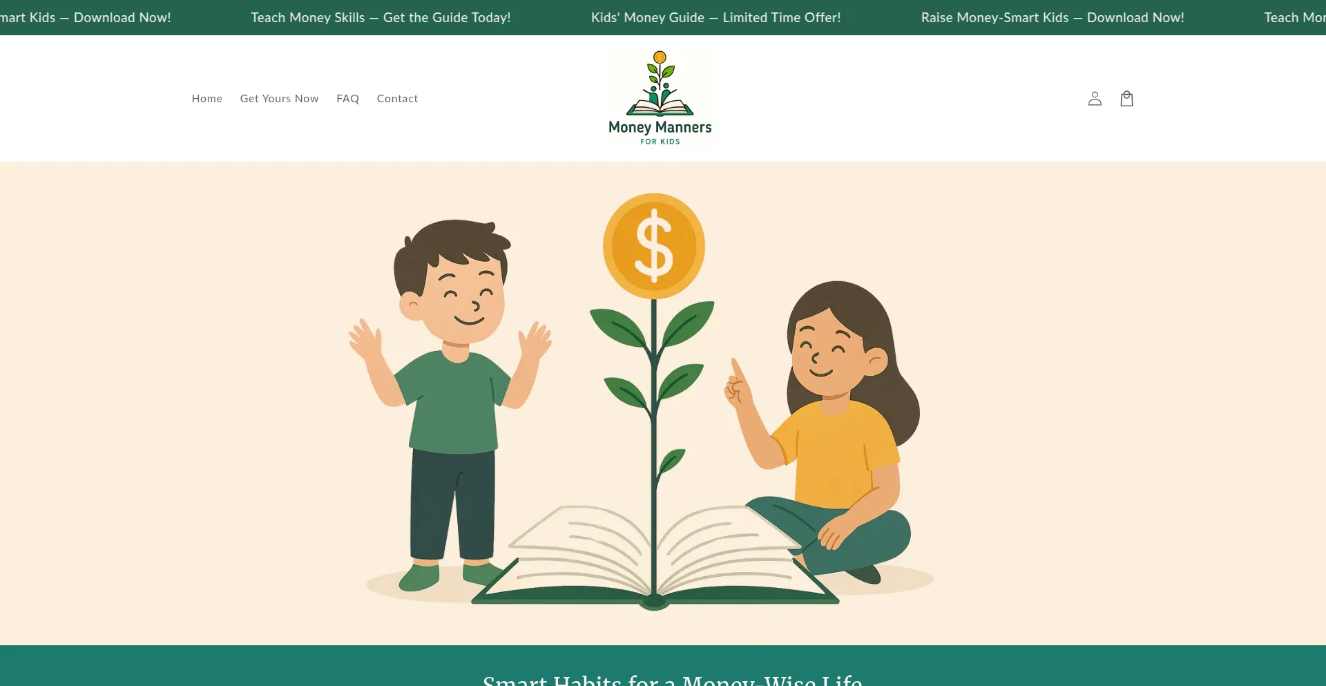 Website screenshot of Moneymannersforkids.com