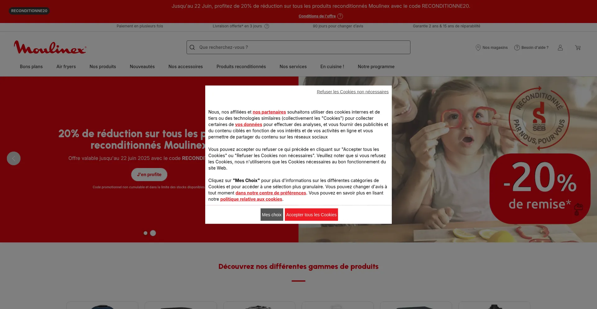 Website screenshot of Moulinex.fr