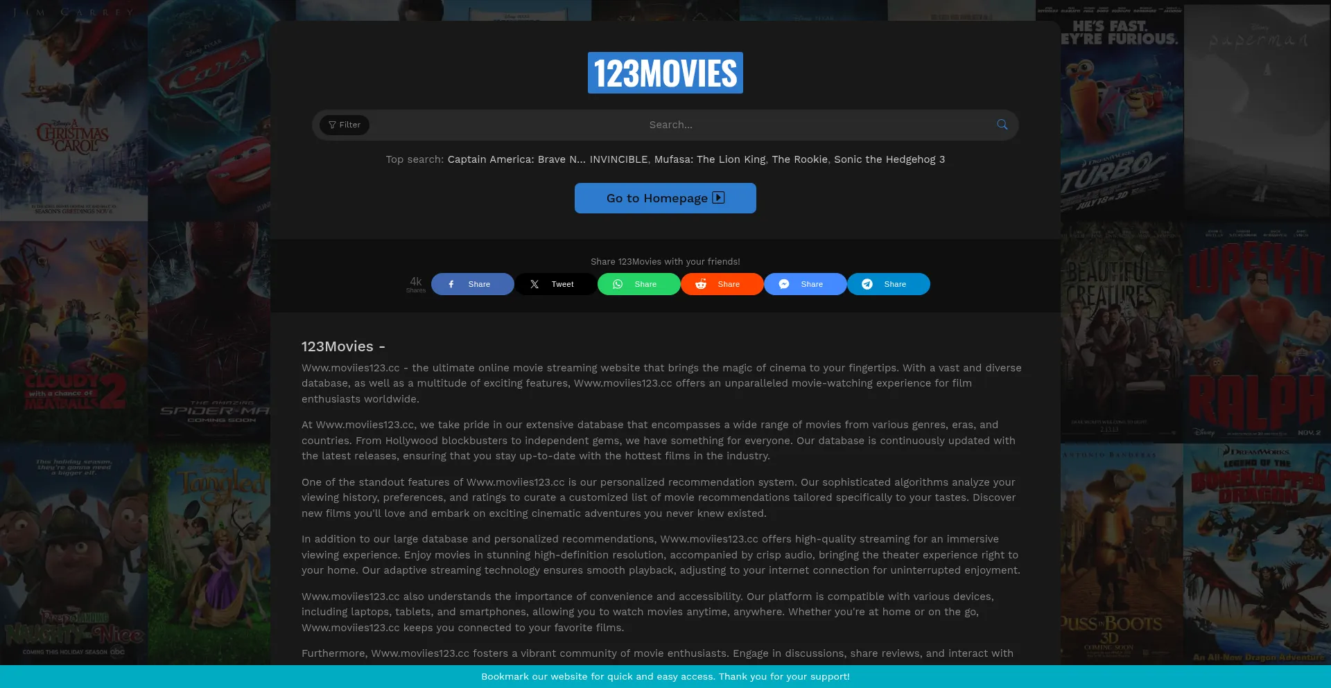 Website screenshot of Moviies123.cc