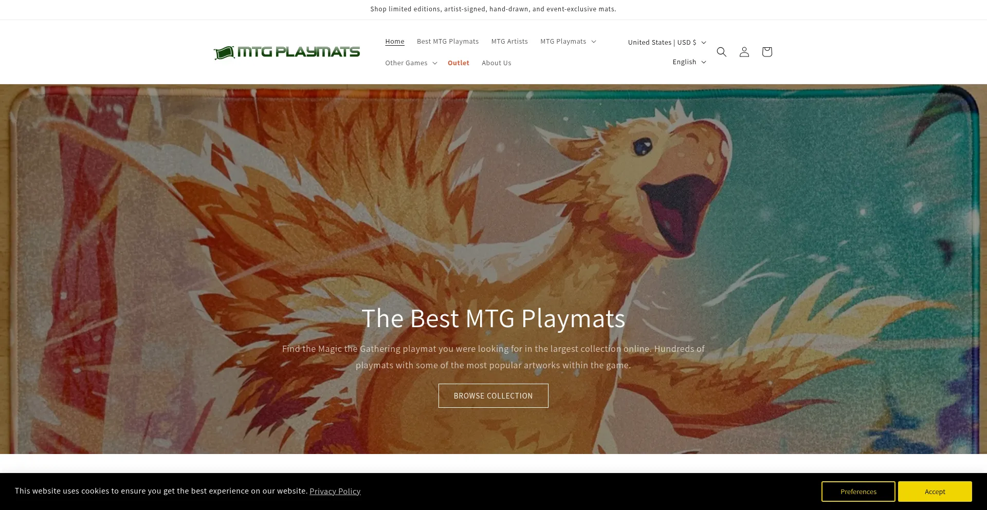 Website screenshot of Mtgplaymats.com