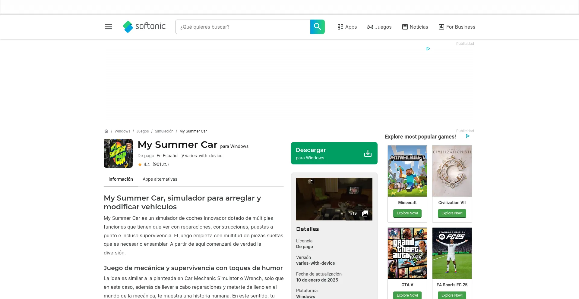 Website screenshot of My-summer-car.softonic.com