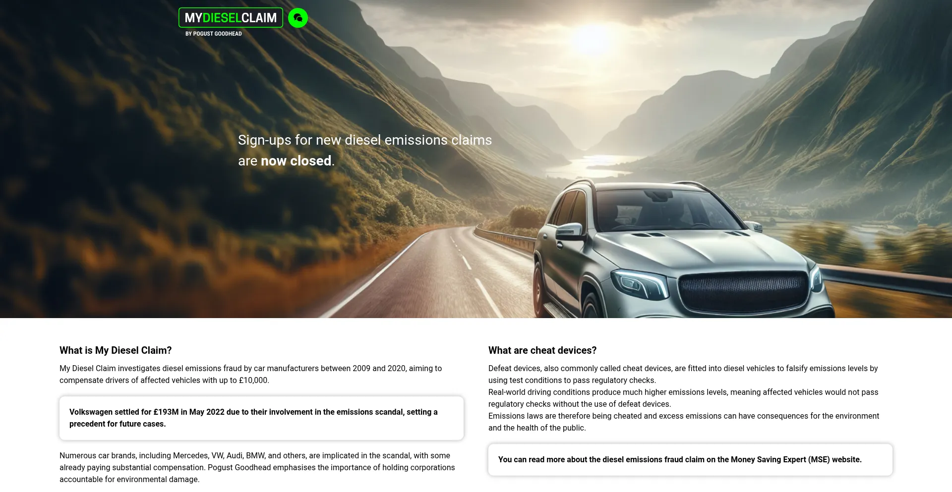 Website screenshot of Mydieselclaim.com