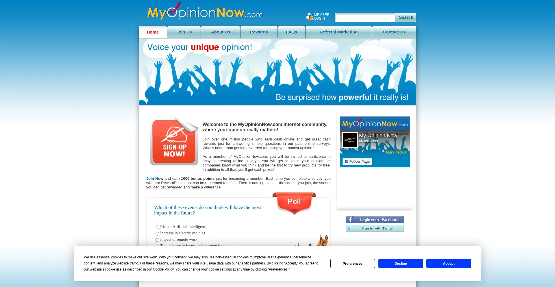 Website screenshot of Myopinionnow.com
