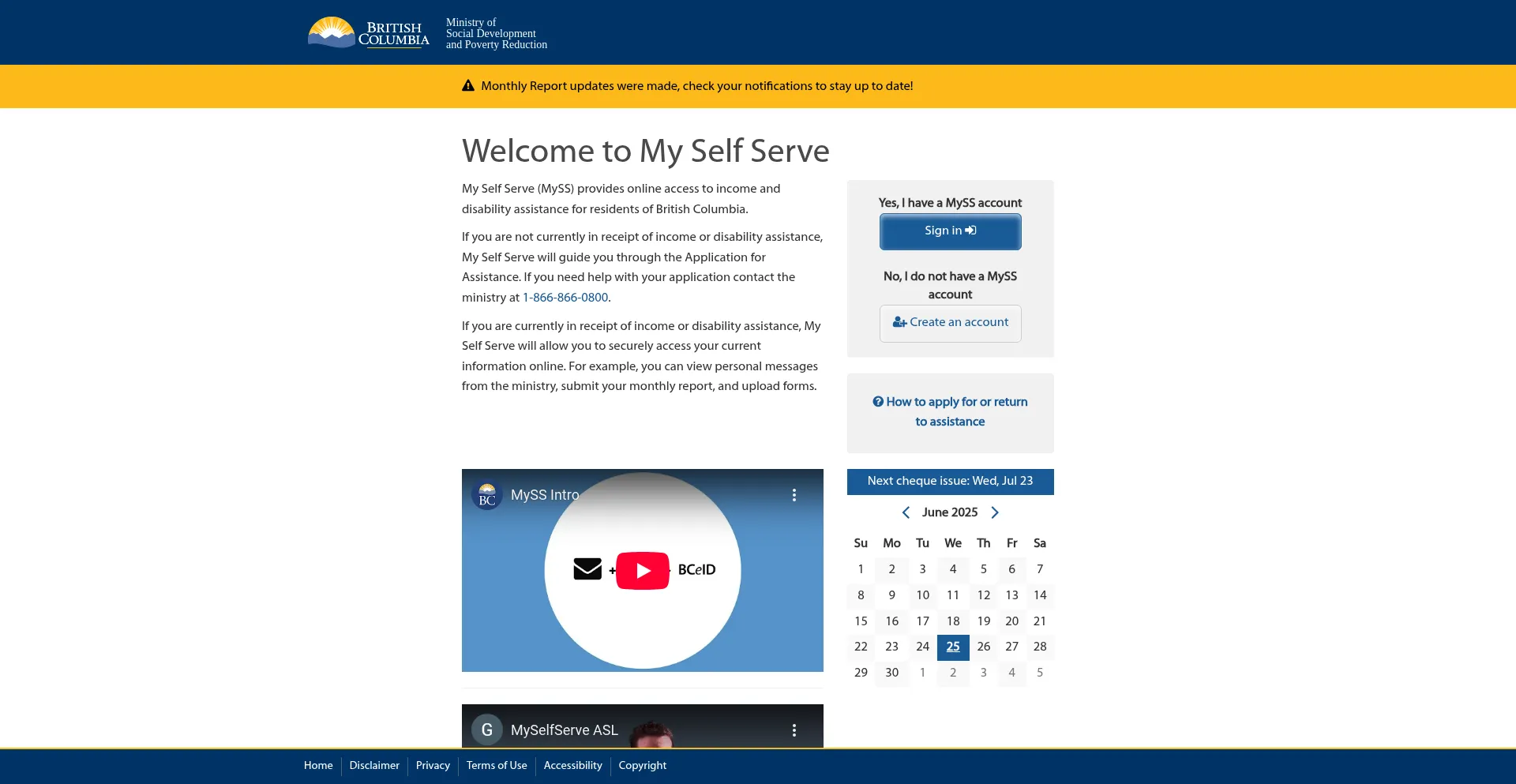 Website screenshot of Myselfserve.gov.bc.ca