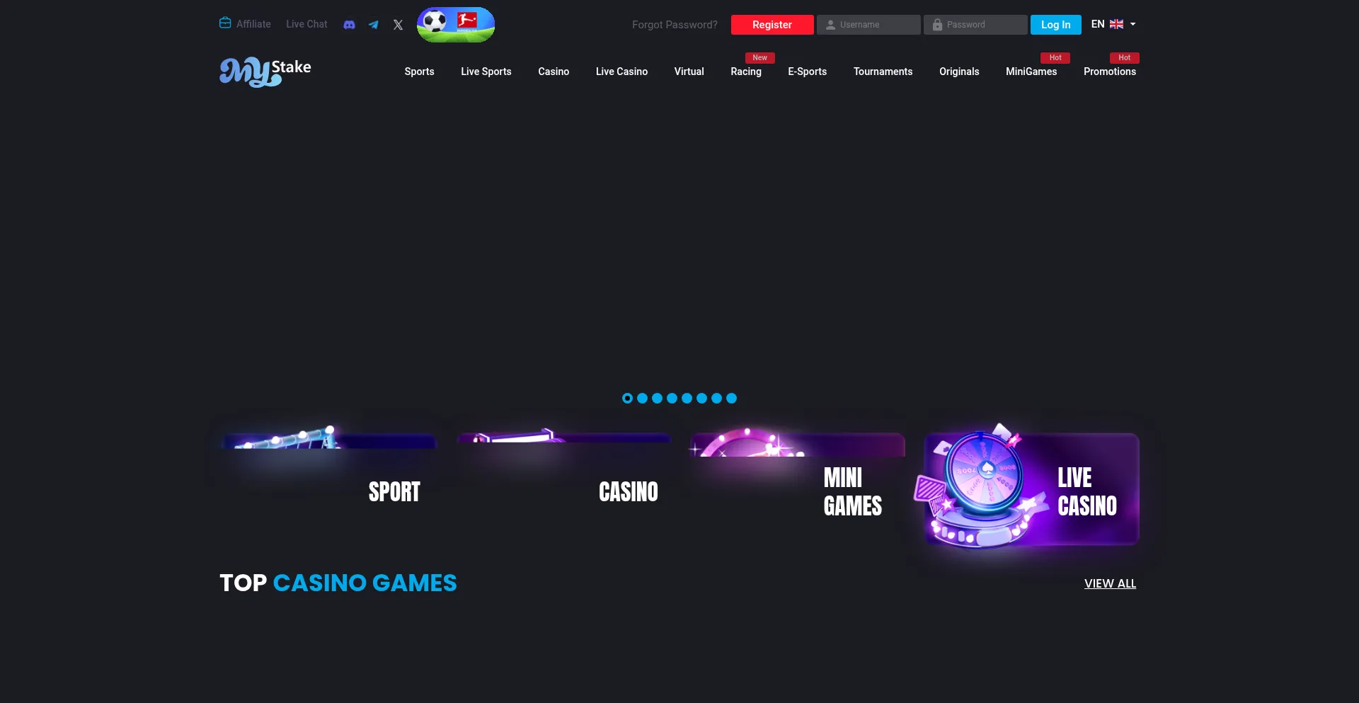 Website screenshot of Mystake8.win