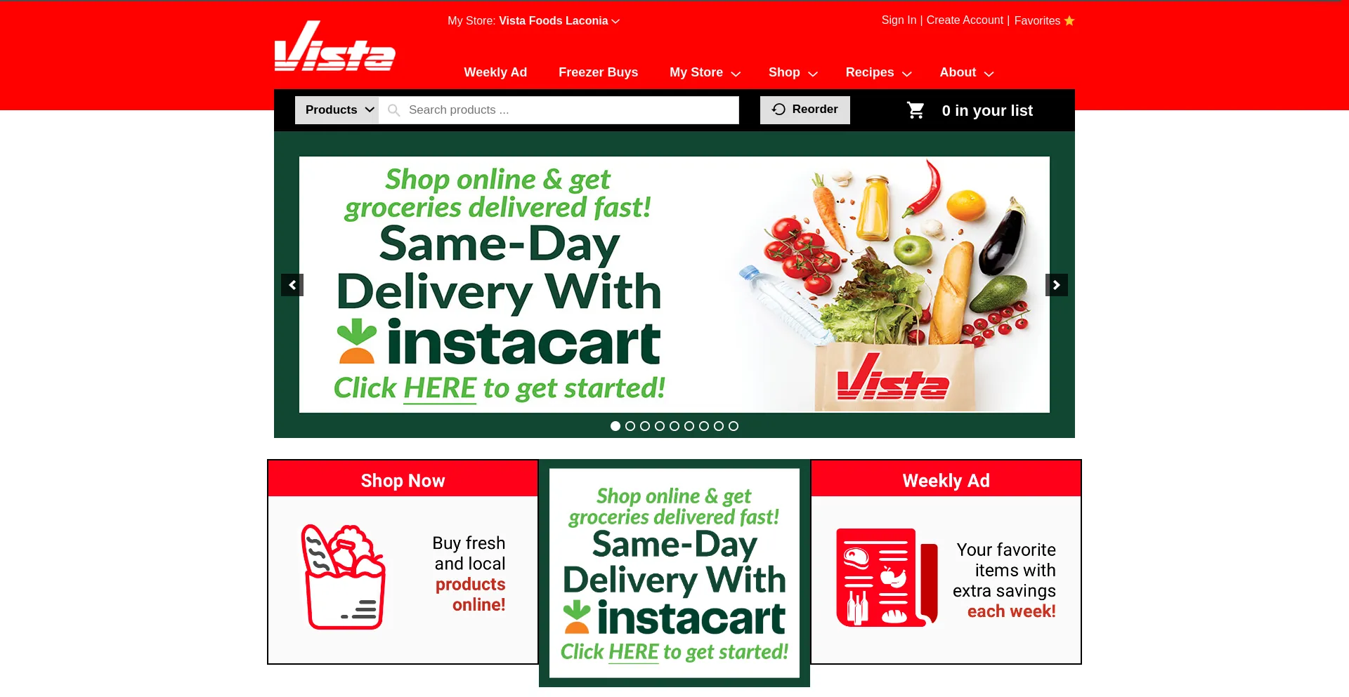 Website screenshot of Myvistafoods.com