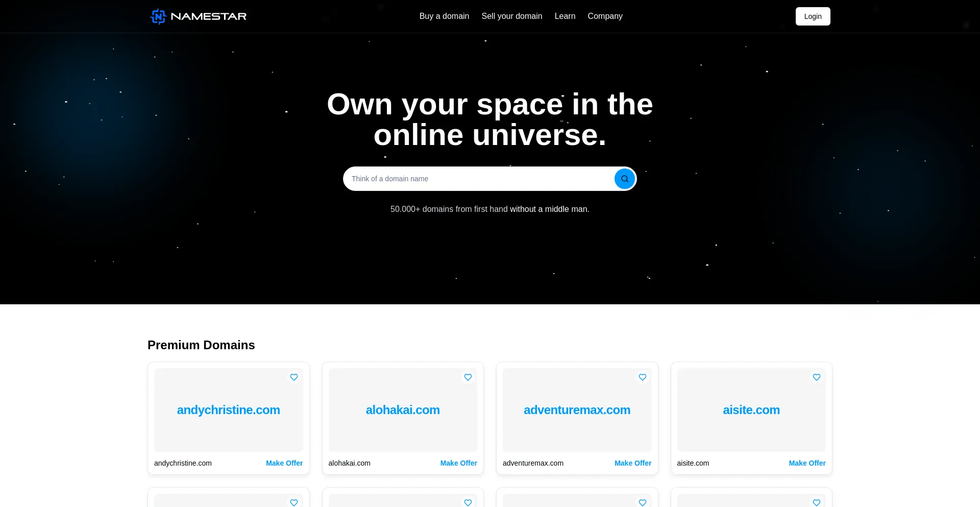 Website screenshot of Namestar.com