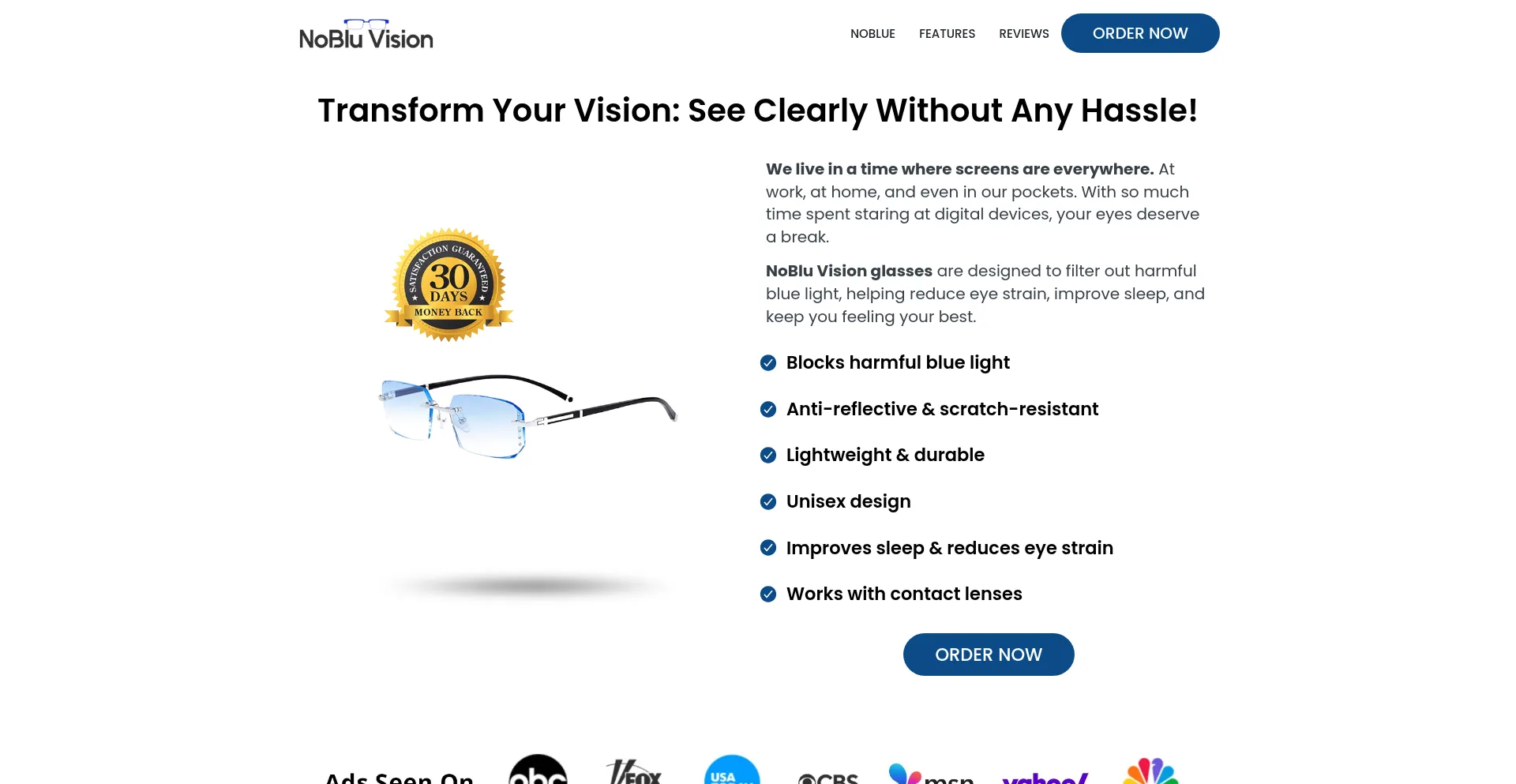 Website screenshot of Nobluvisionglasses.com