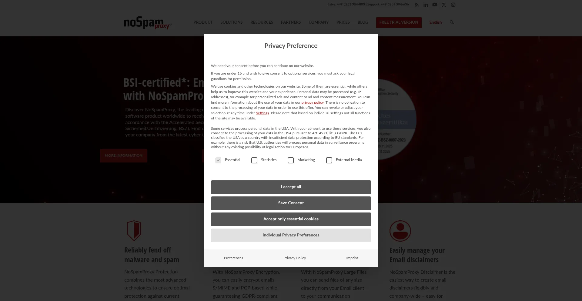 Website screenshot of Nospamproxy.com