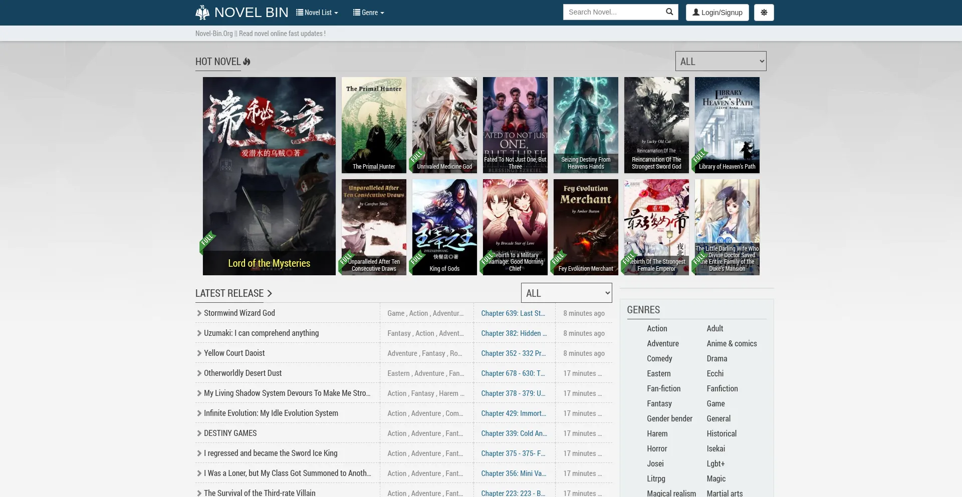 Website screenshot of Novel-bin.org