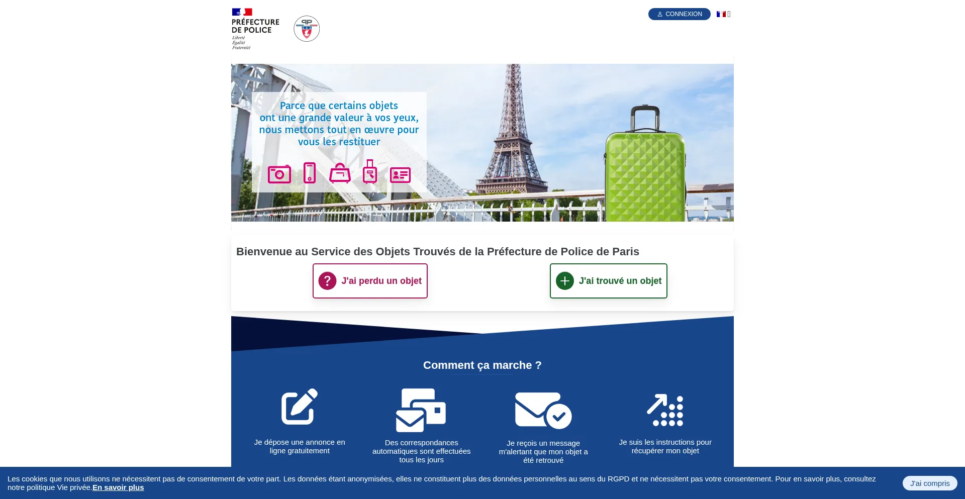 Website screenshot of Objetstrouvesprefecturedepolice.franceobjetstrouves.fr