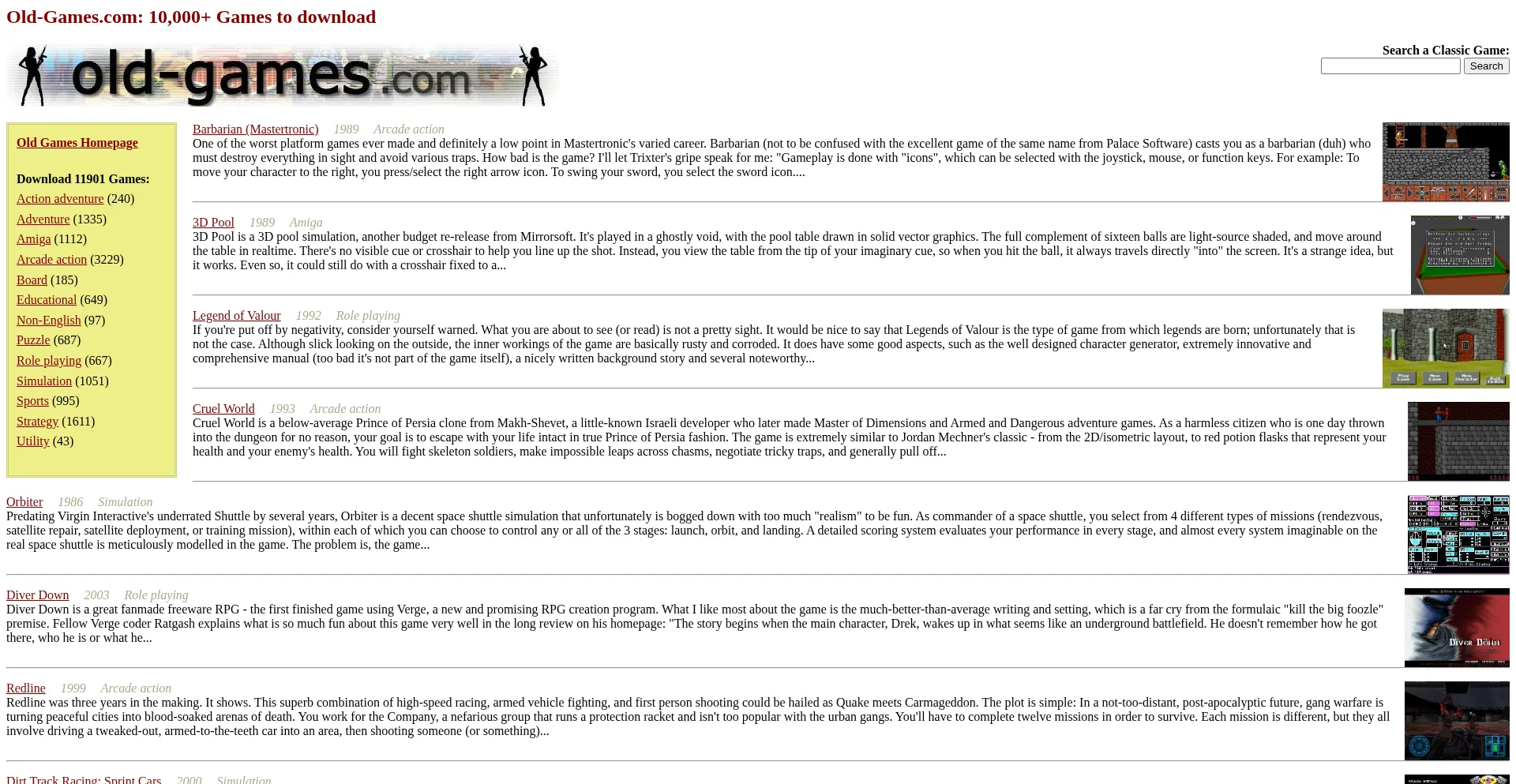 Website screenshot of Old-games.com