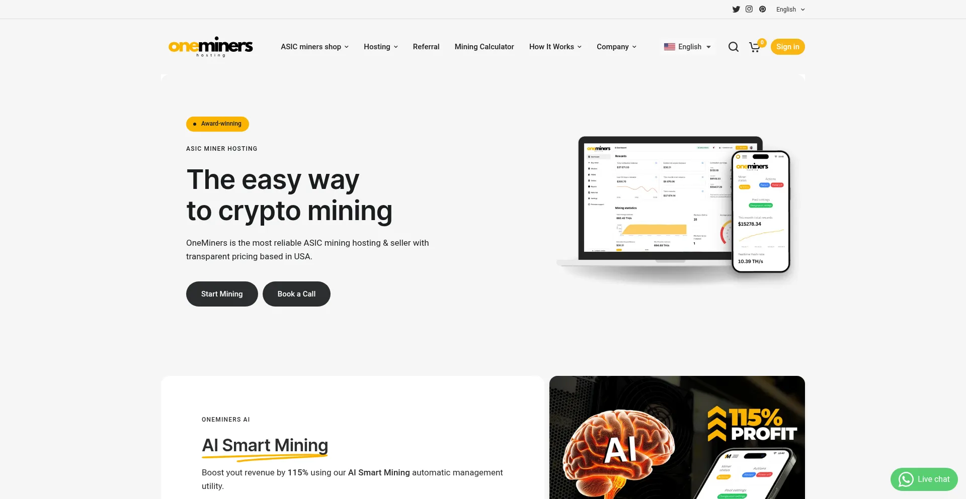 Website screenshot of Oneminers.com