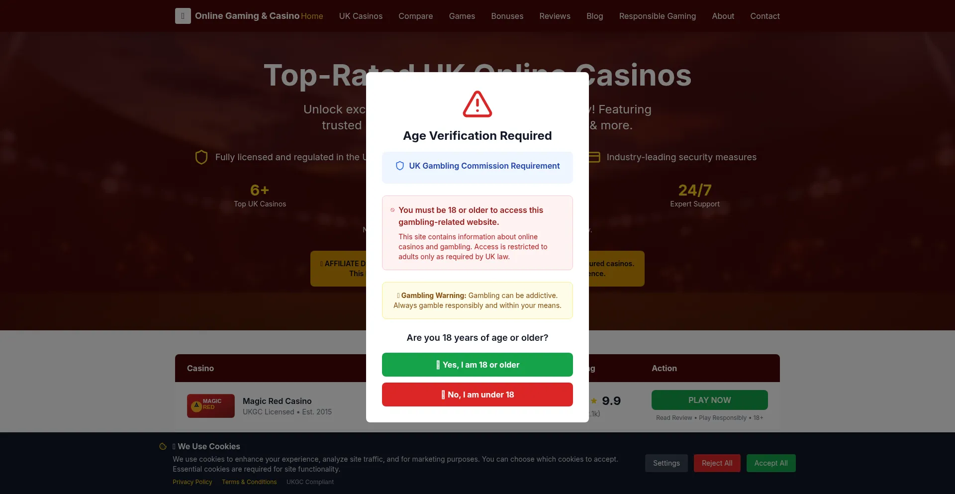 Website screenshot of Onlinegamingandcasino.com