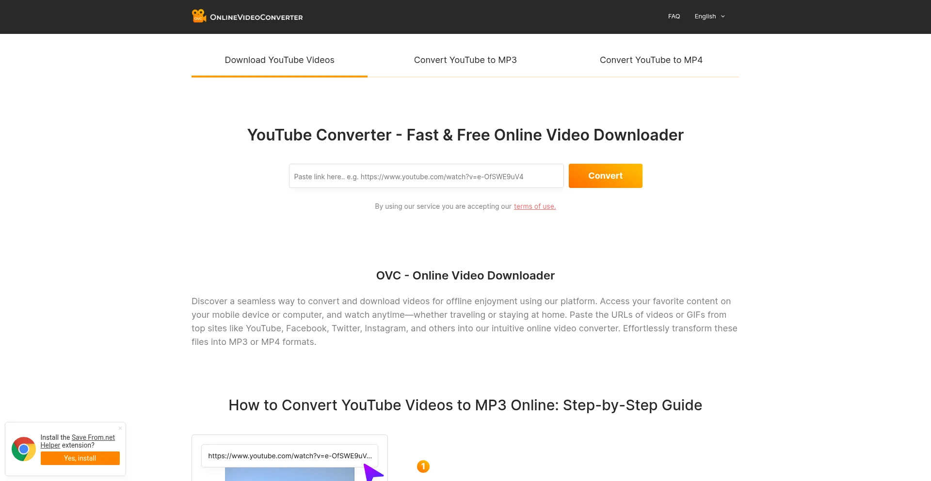 Website screenshot of Onlinevideoconverter.to