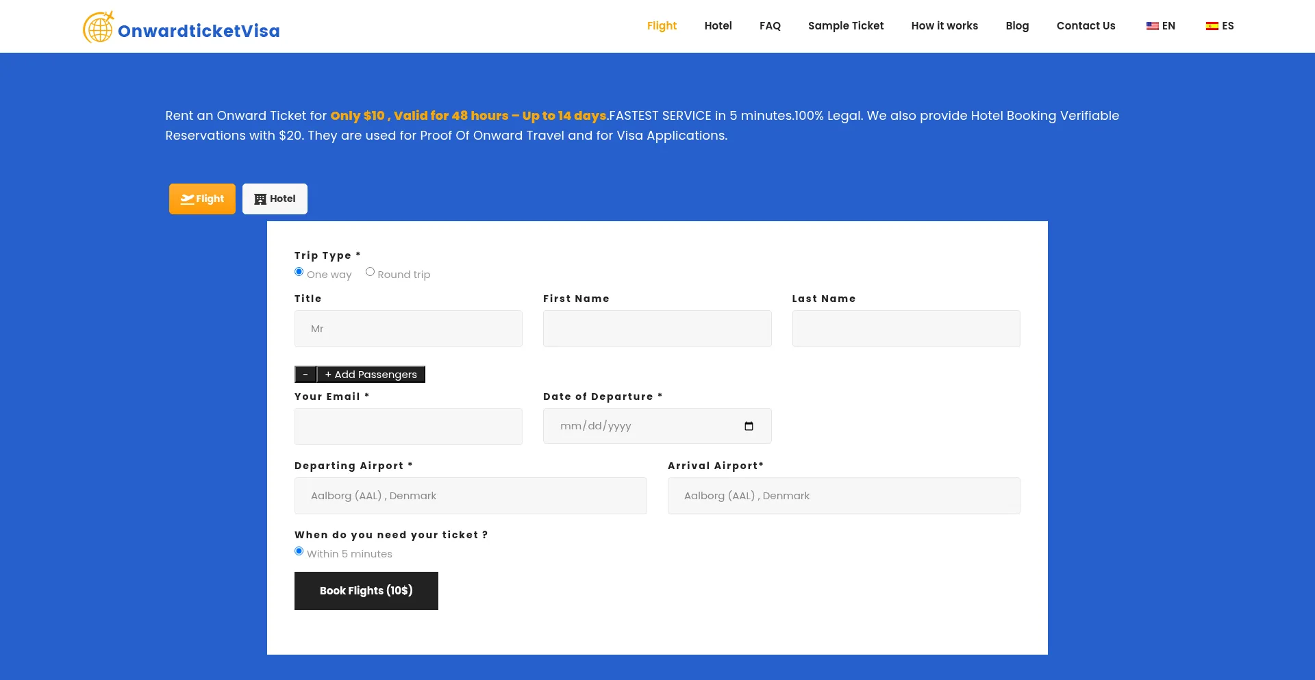 Website screenshot of Onwardticketvisa.com