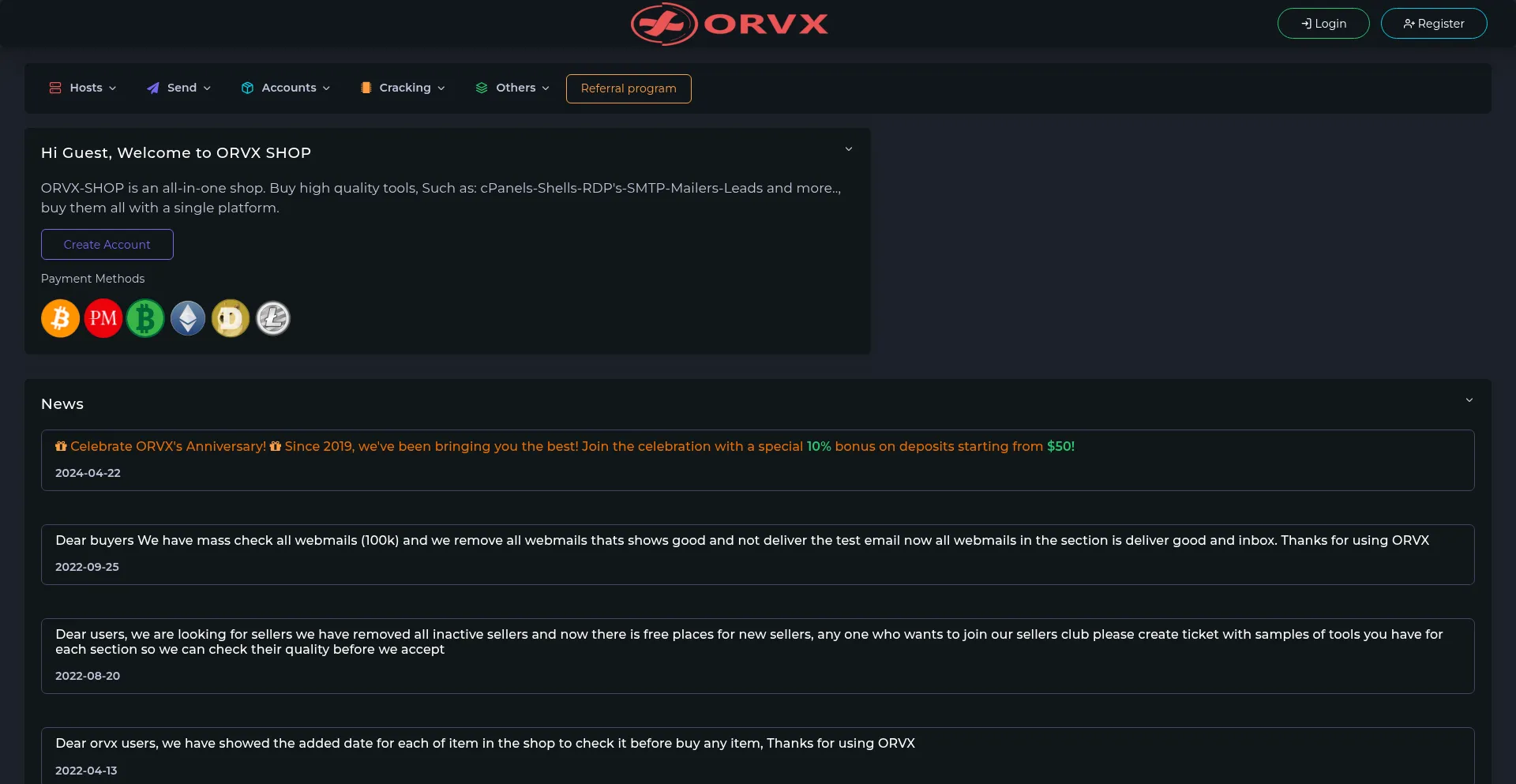 Website screenshot of Orvx.pw
