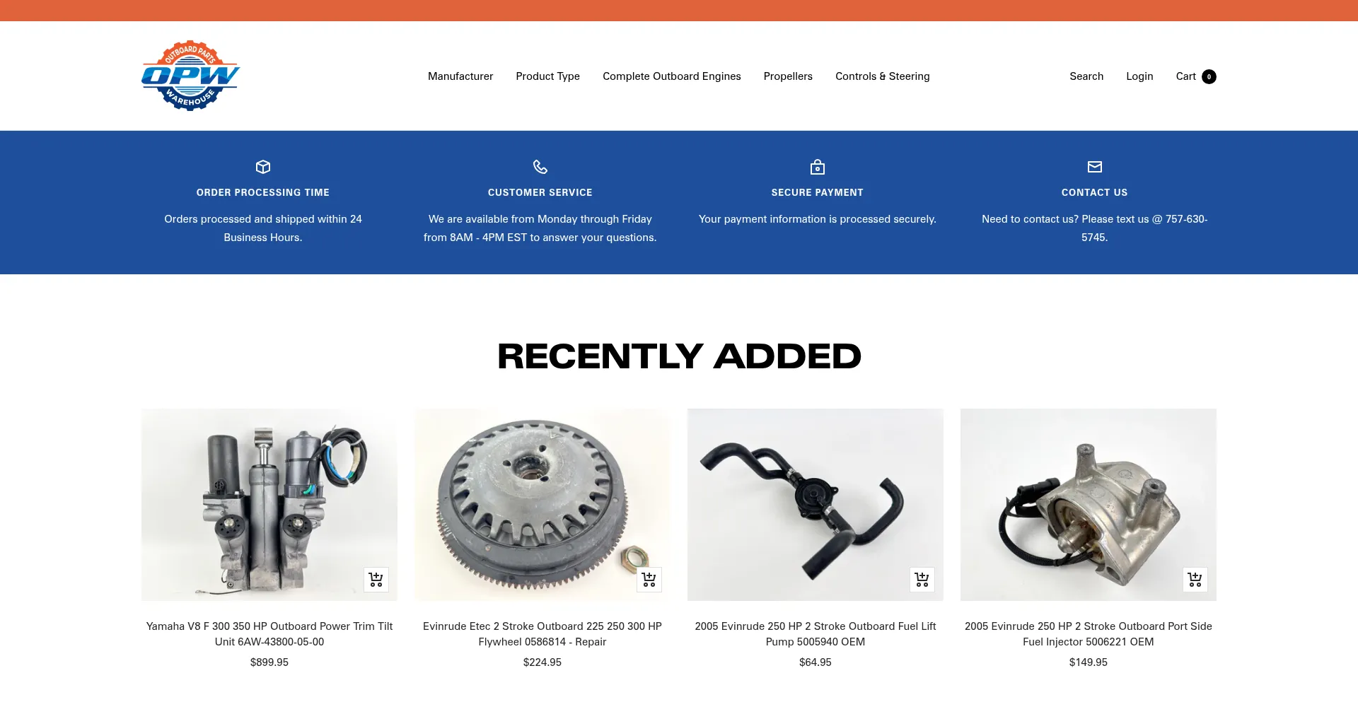 Website screenshot of Outboardpartswarehouse.com