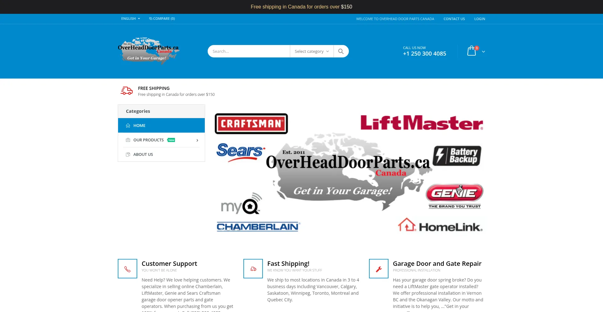 Website screenshot of Overheaddoorparts.ca