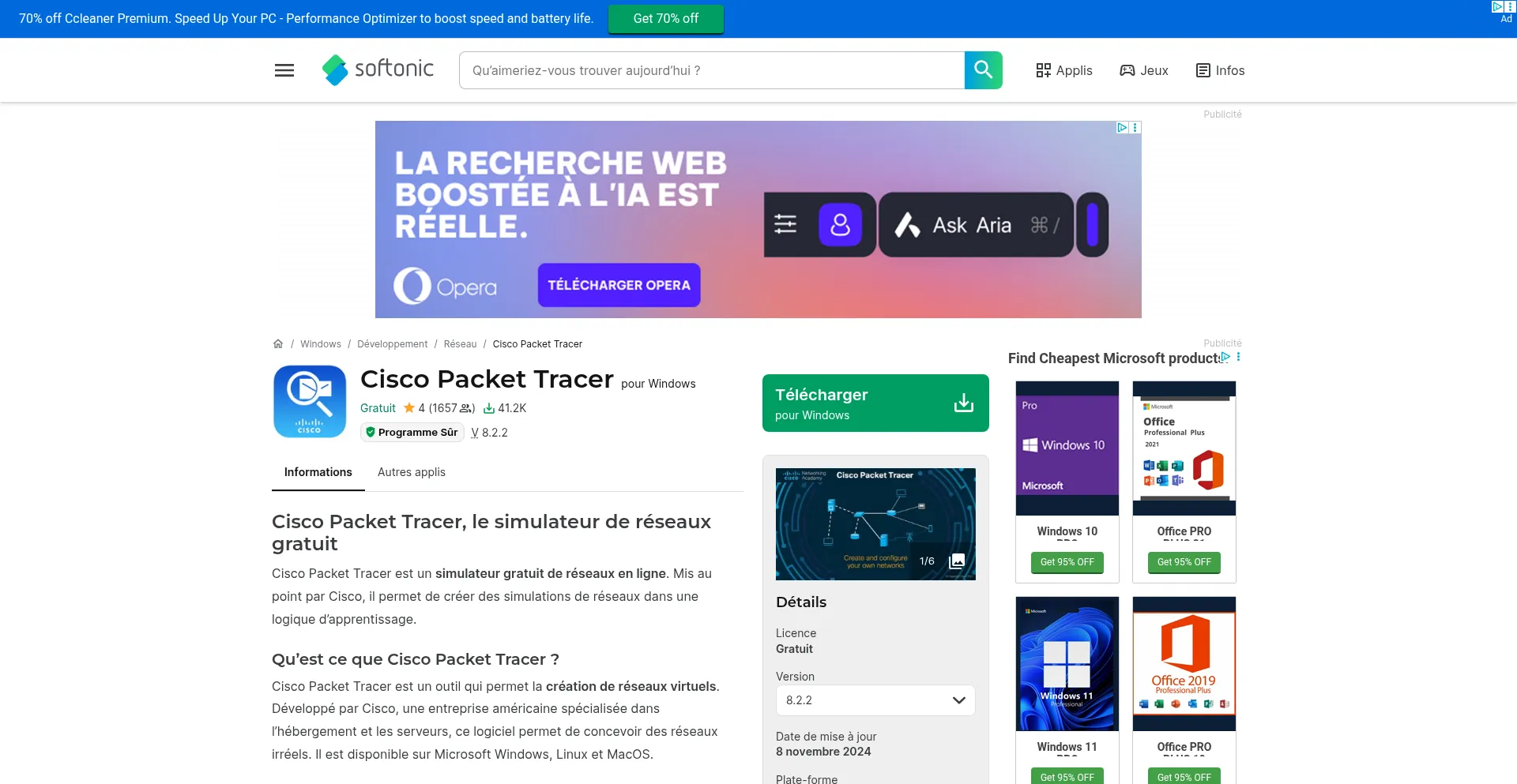 Website screenshot of Packet-tracer.fr.softonic.com