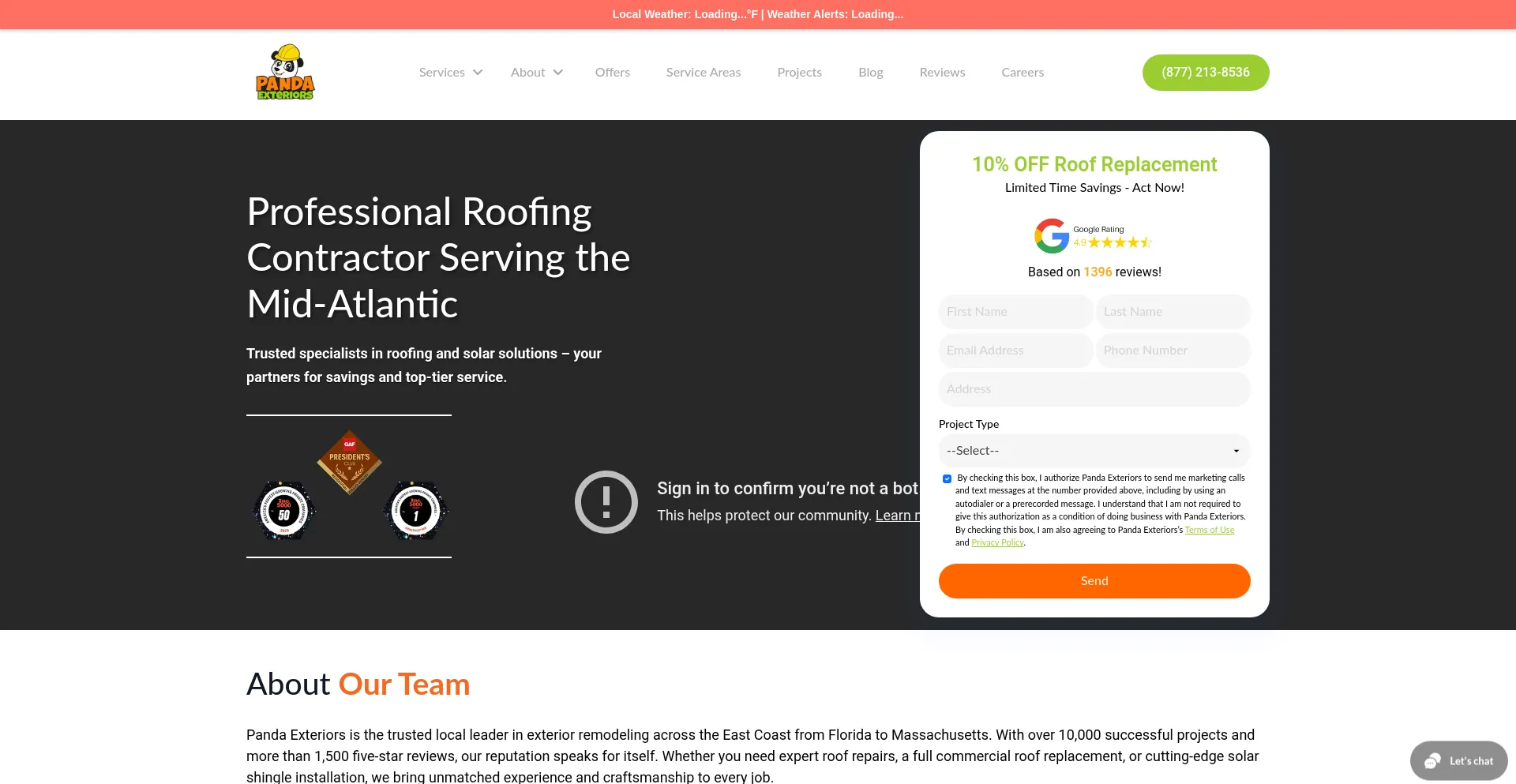 Website screenshot of Pandaexteriors.com