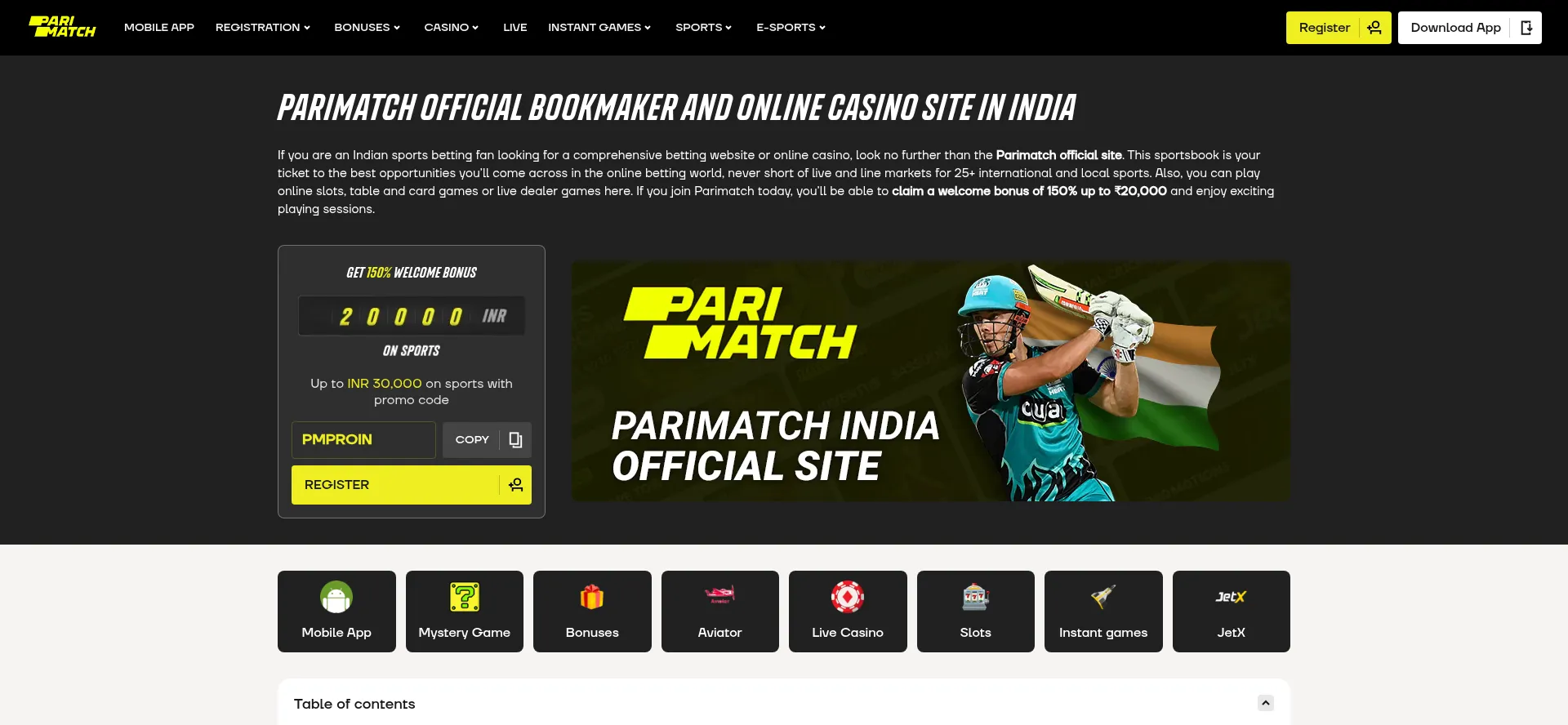Website screenshot of Parimatch.org.in
