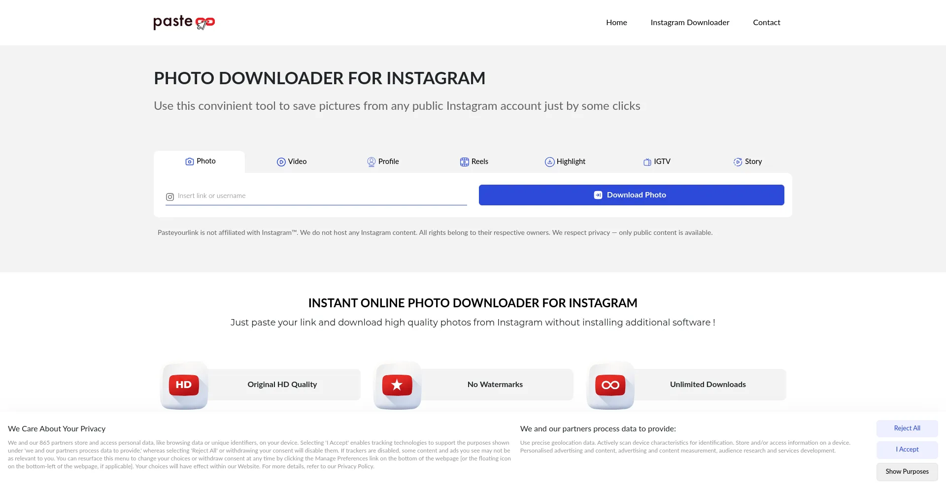 Website screenshot of Pasteyourlink.com