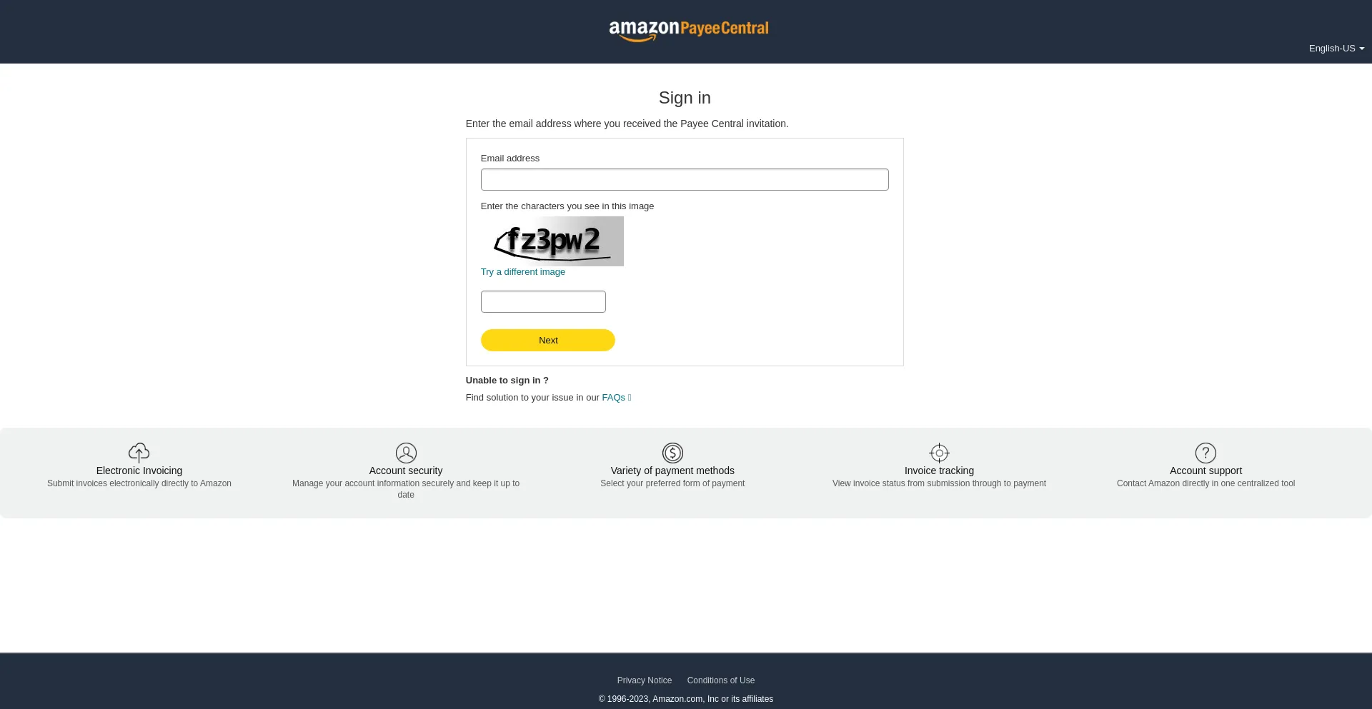 Website screenshot of Payeecentral.amazon.com