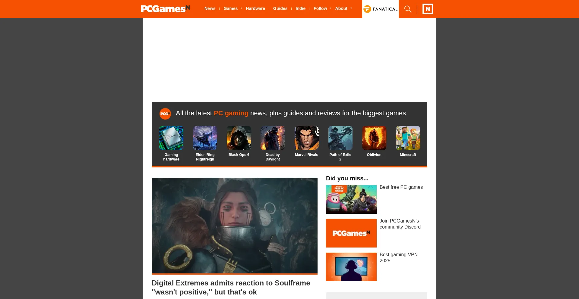 Website screenshot of Pcgamesn.com