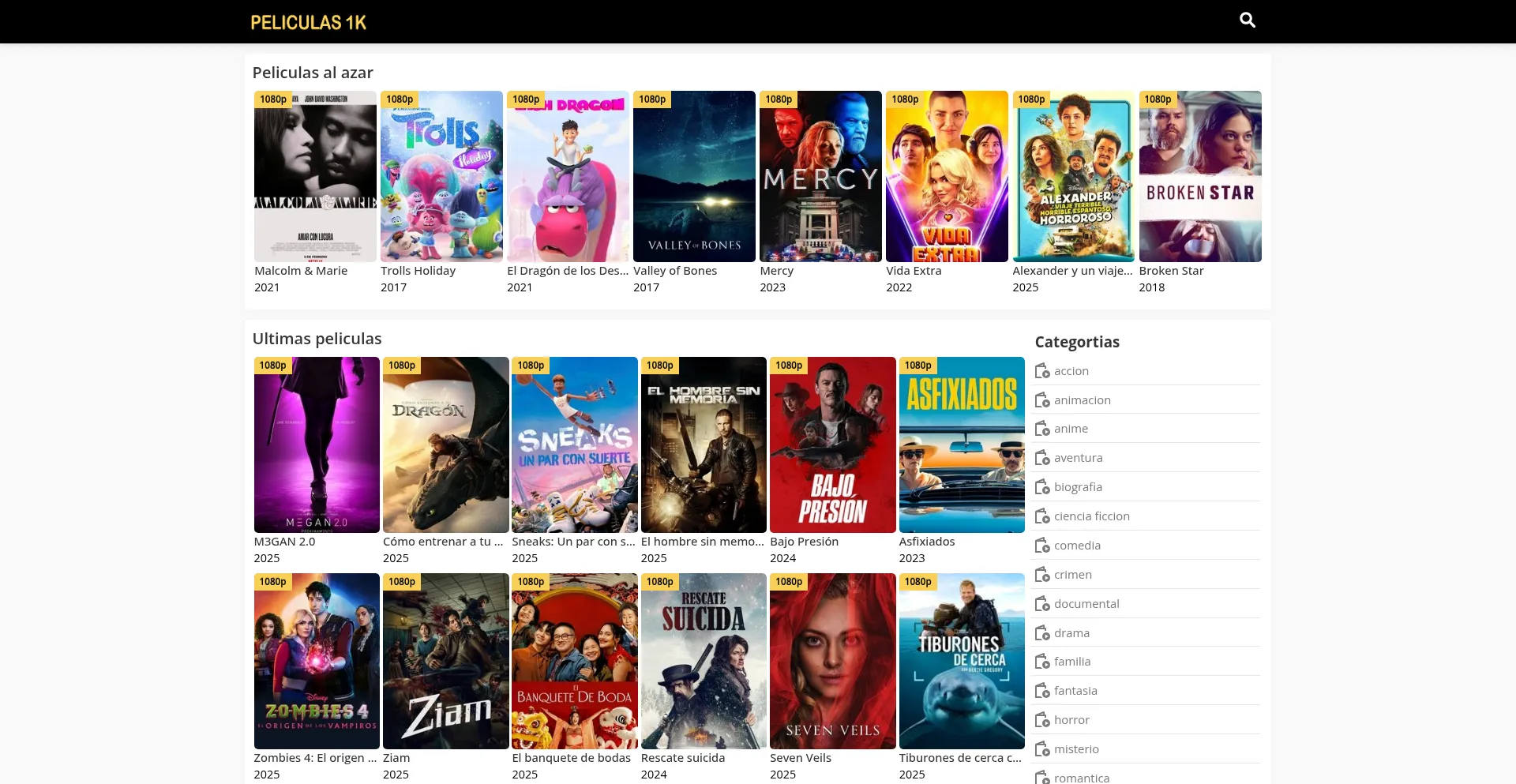 Website screenshot of Peliculasmega1k.com