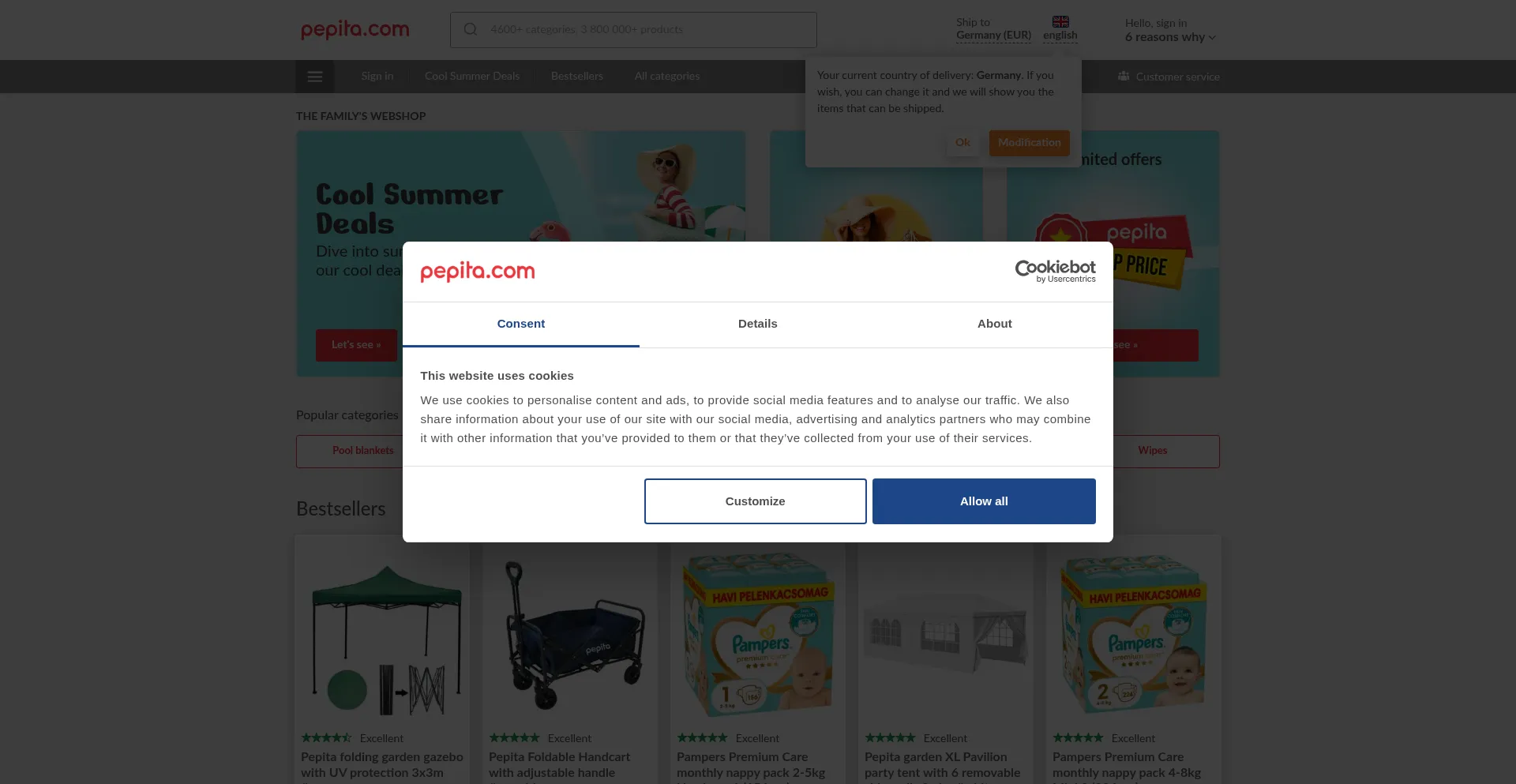 Website screenshot of Pepita.com