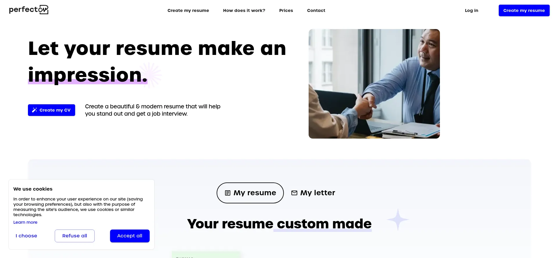 Website screenshot of Perfect-cv.com