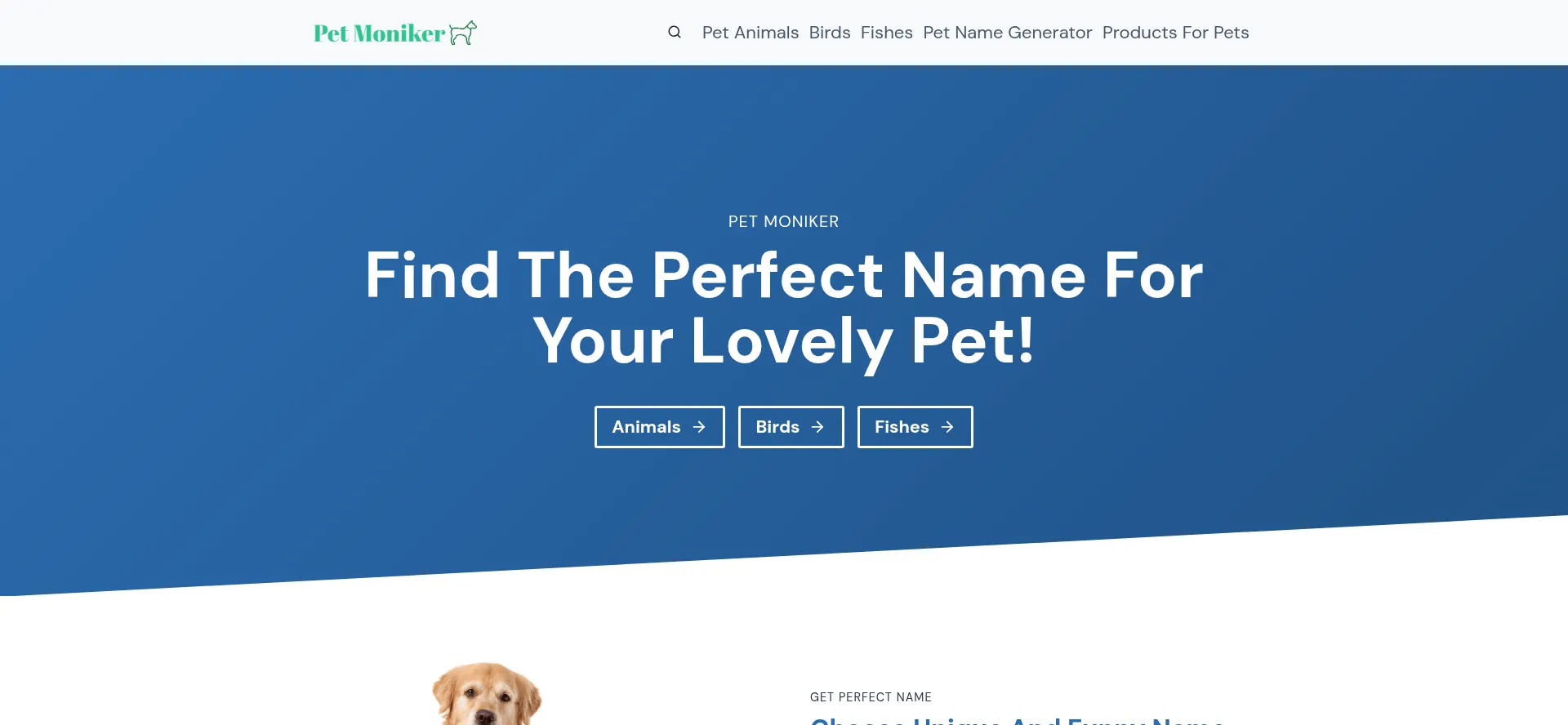 Website screenshot of Petmoniker.com