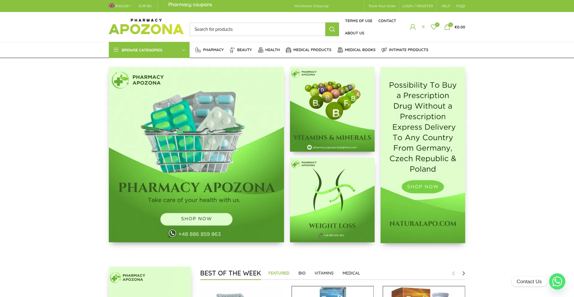 Website screenshot of Pharmacyapozona.com