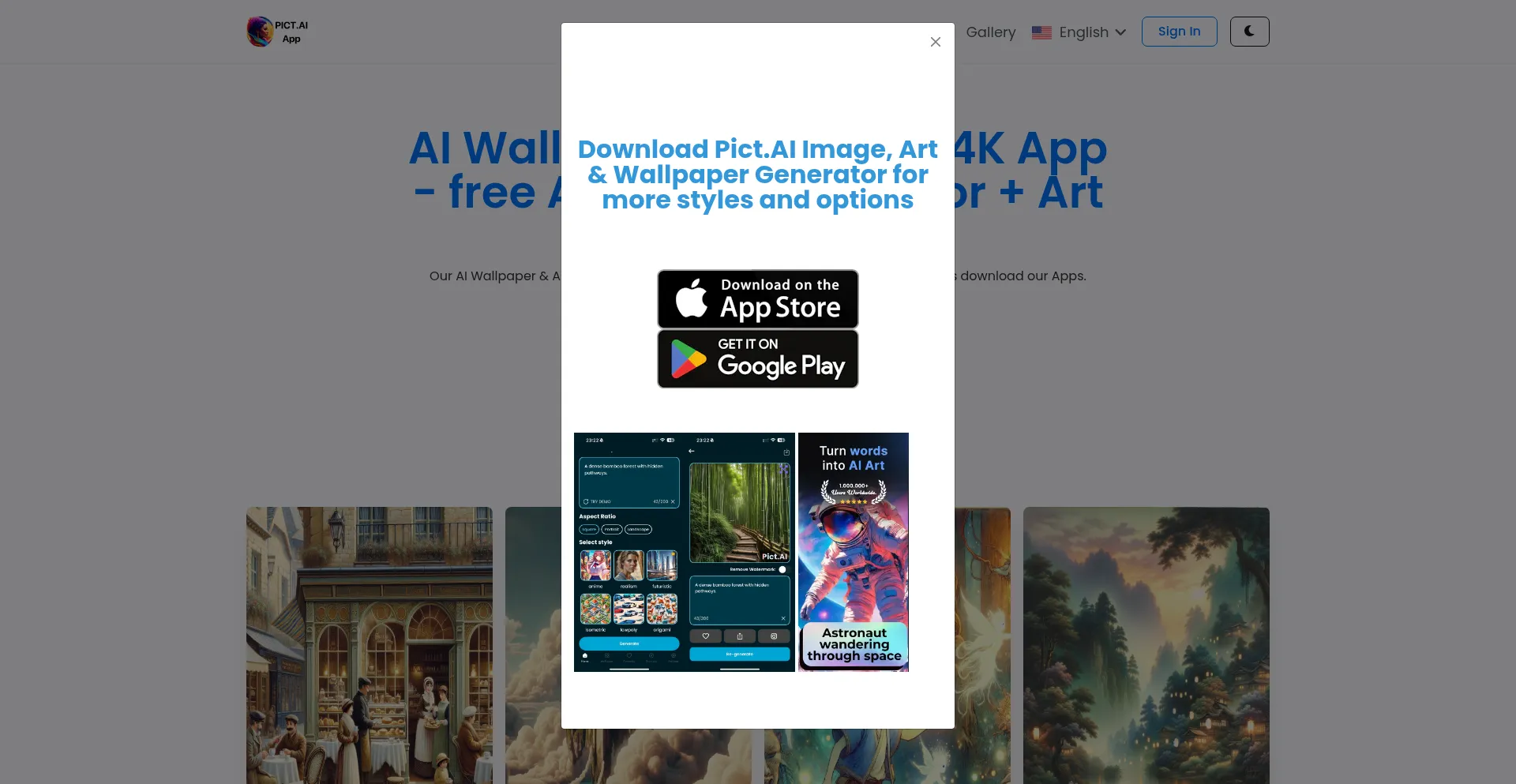 Website screenshot of Pict.ai